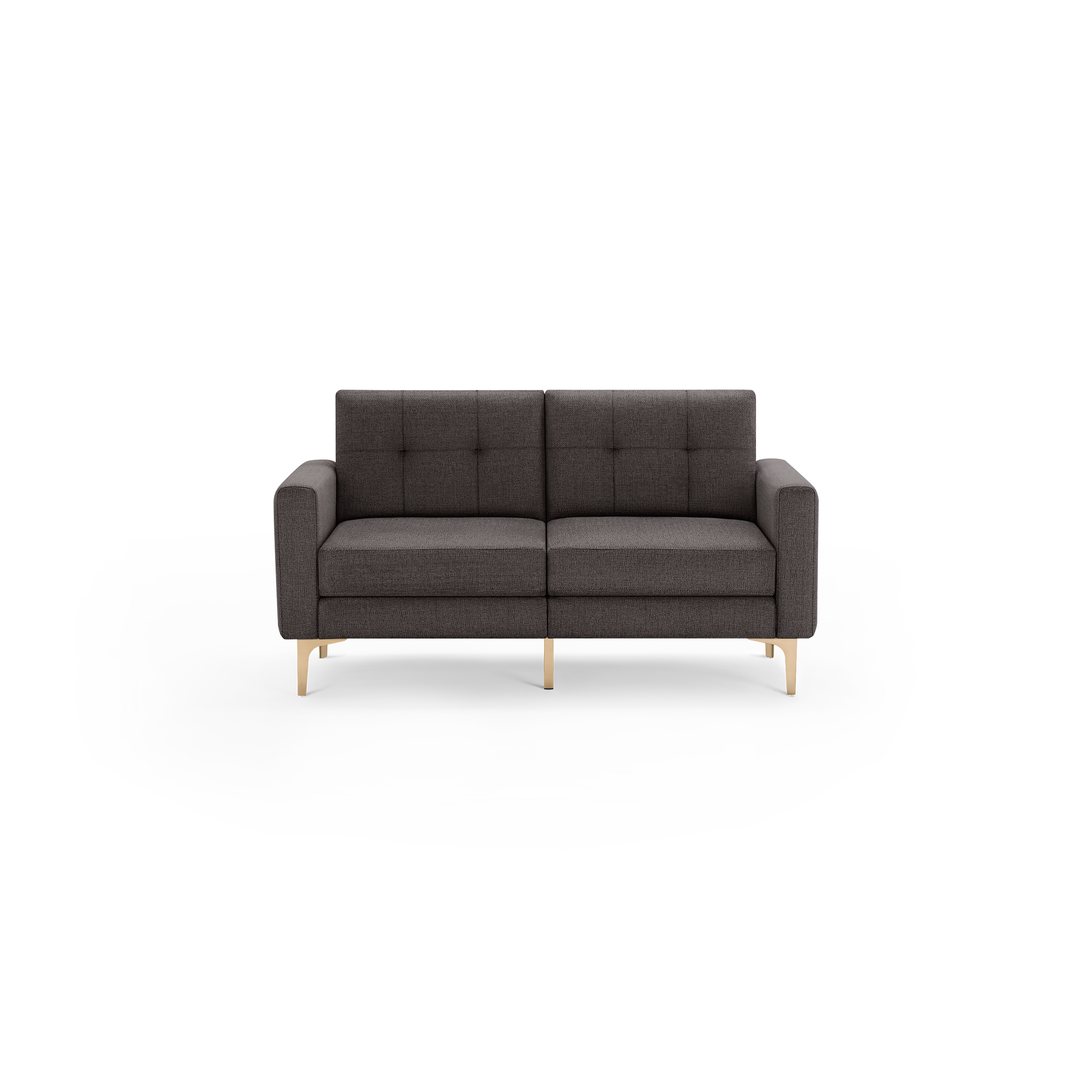Modern dark gray fabric loveseat with tufted backrest, square armrests, and sleek gold metal legs.