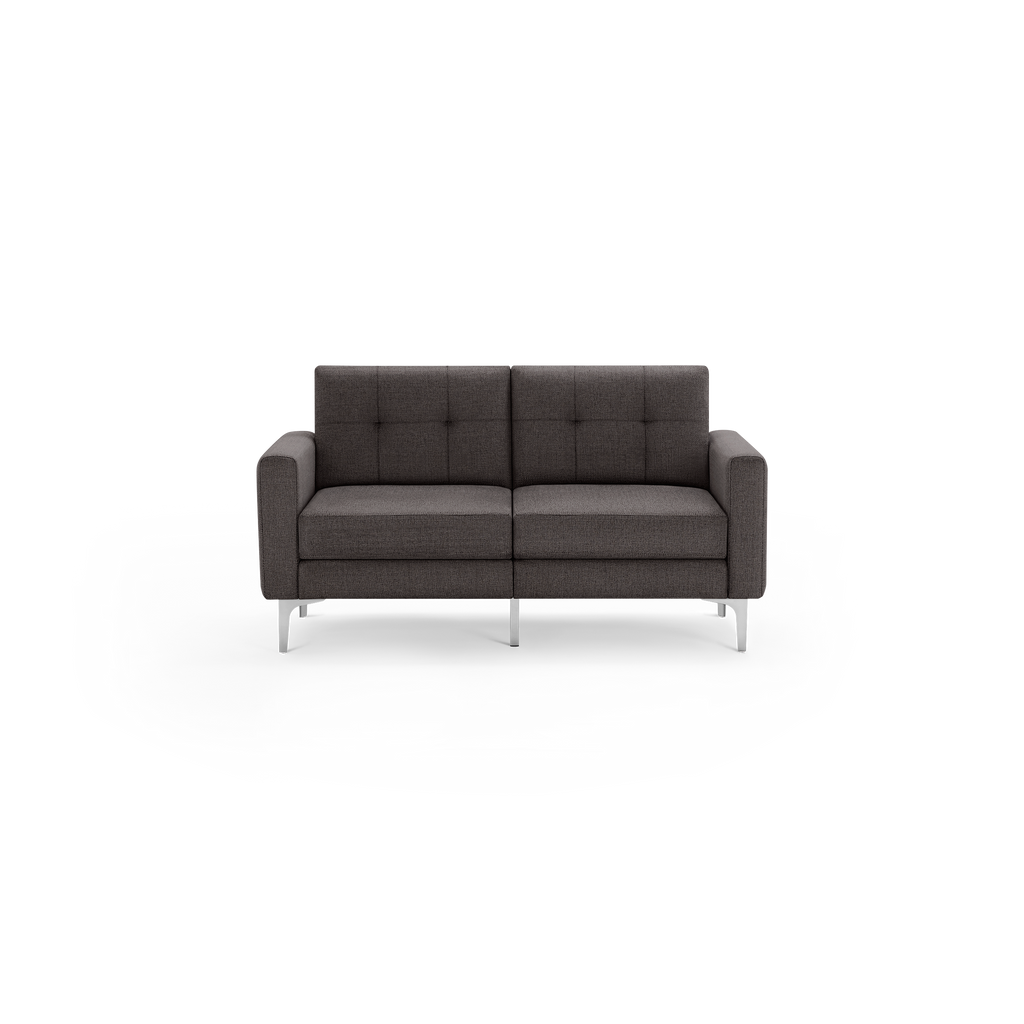 Modern two-seater dark gray fabric sofa with tufted back cushions and metal legs, featuring clean lines and square armrests.
