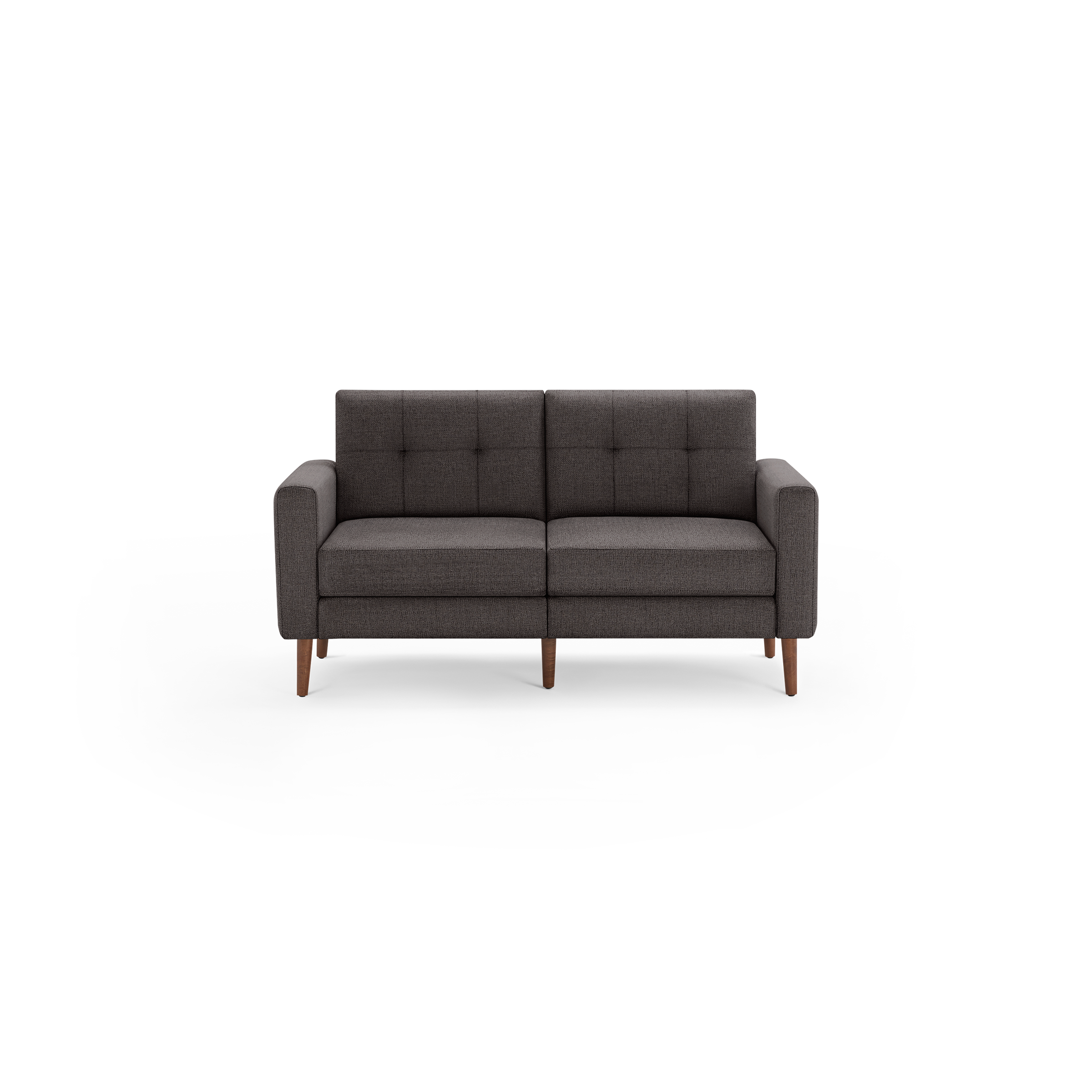Dark gray two-seater fabric sofa with tufted back cushions and wooden legs, featuring straight armrests.
