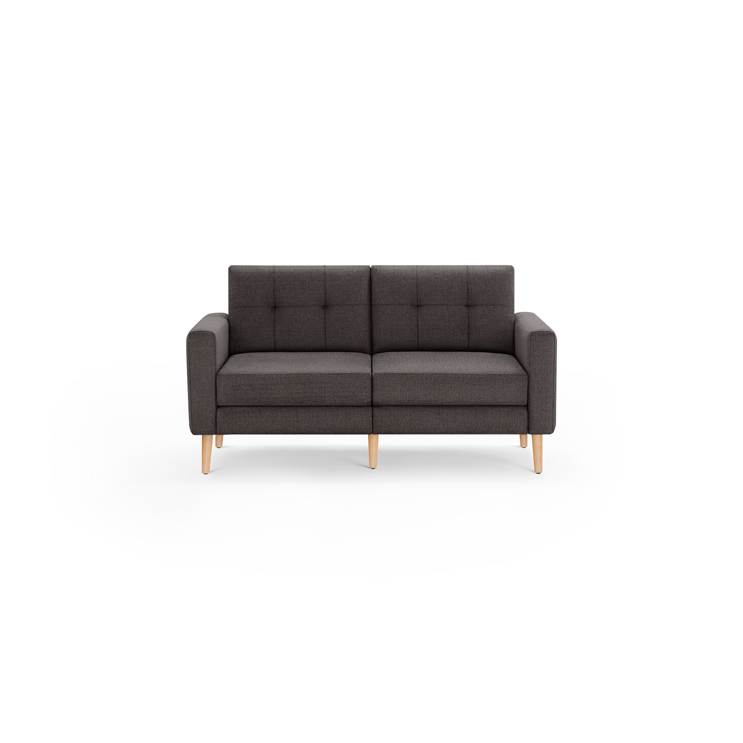 Modern dark gray fabric loveseat with tufted backrests and light wooden legs, featuring clean lines and a minimalist design.