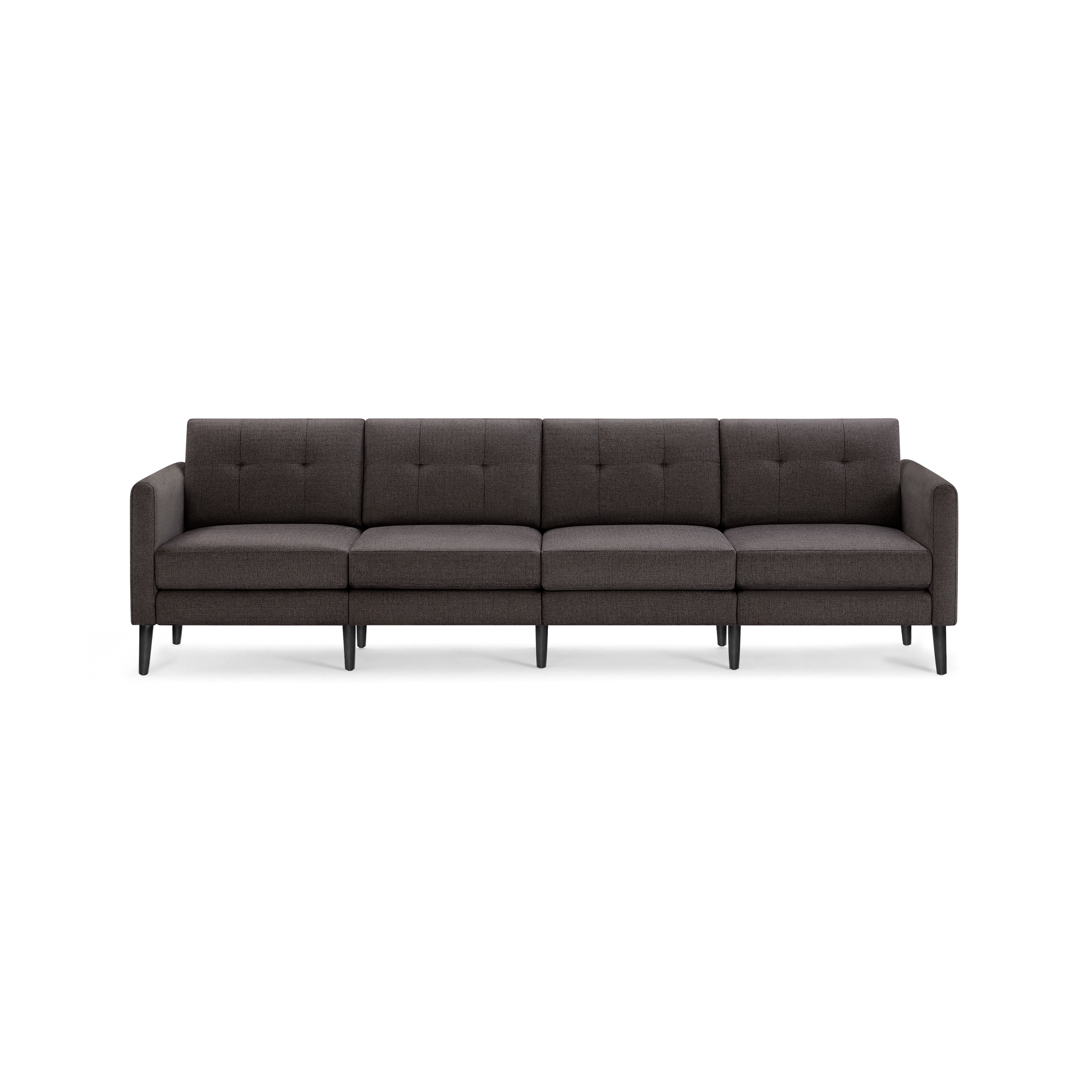 Dark gray modern four-seater sofa with tufted back cushions and slim, black wooden legs.