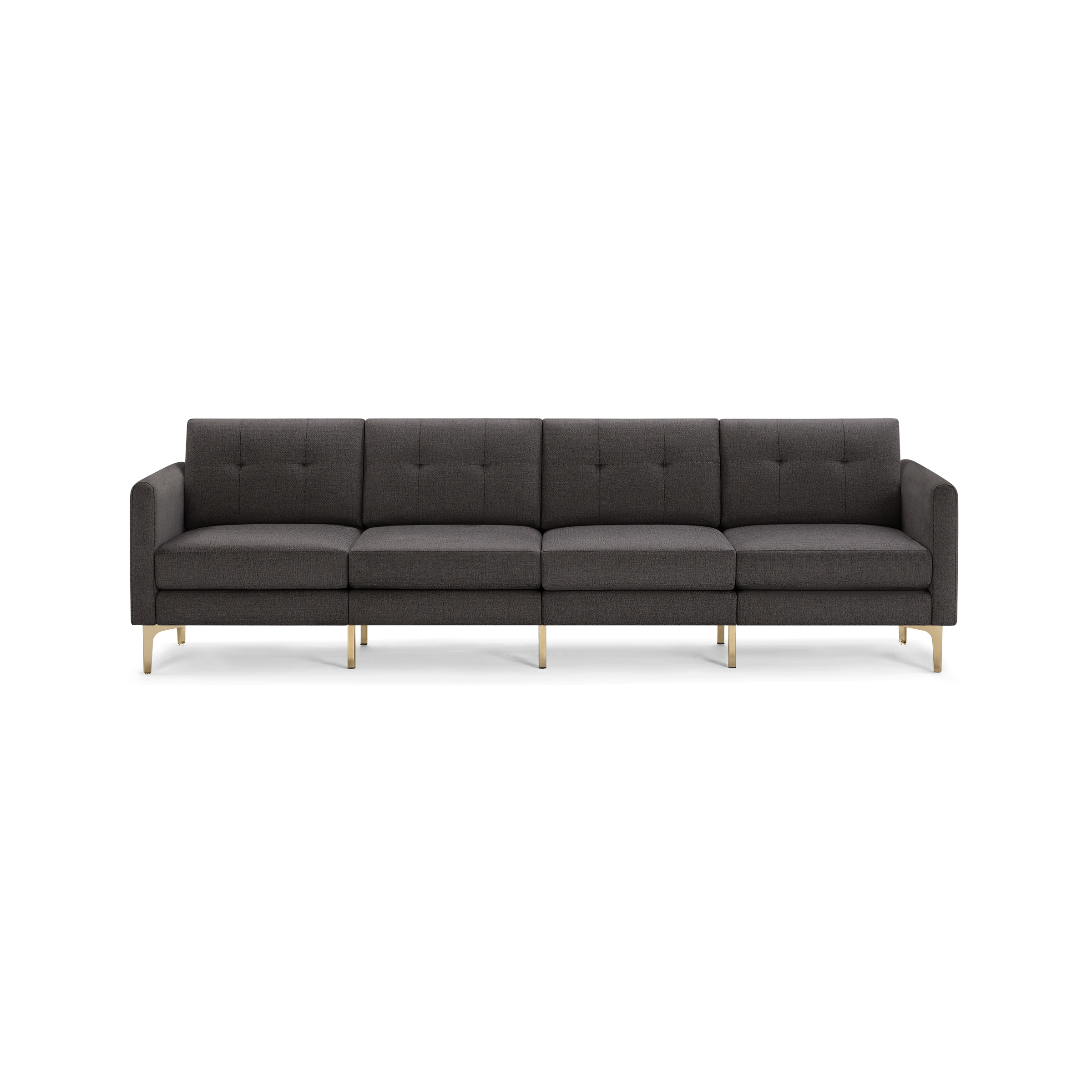 Four-seater modern dark gray fabric sofa with tufted back cushions and sleek gold metal legs on black background.