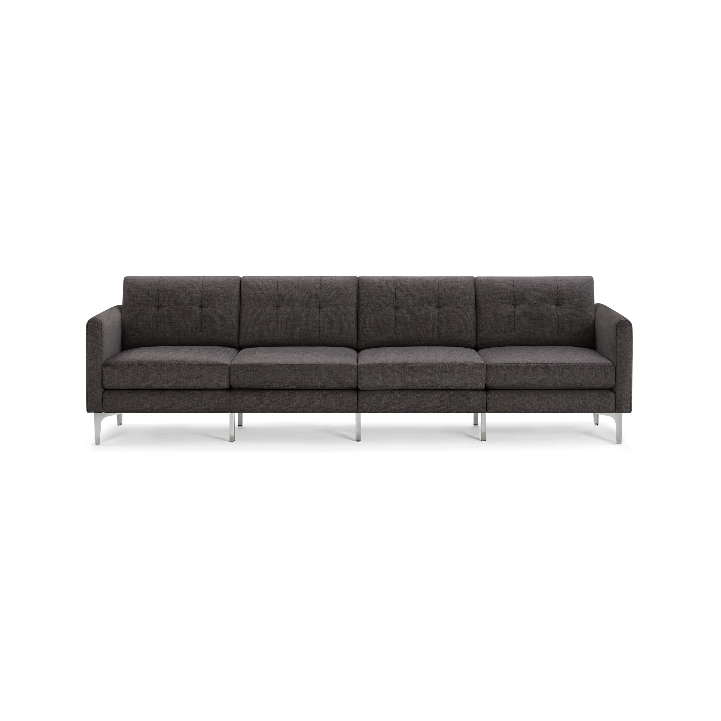 Four-seater modern dark gray fabric sofa with tufted back cushions, straight armrests, and slender metal legs.