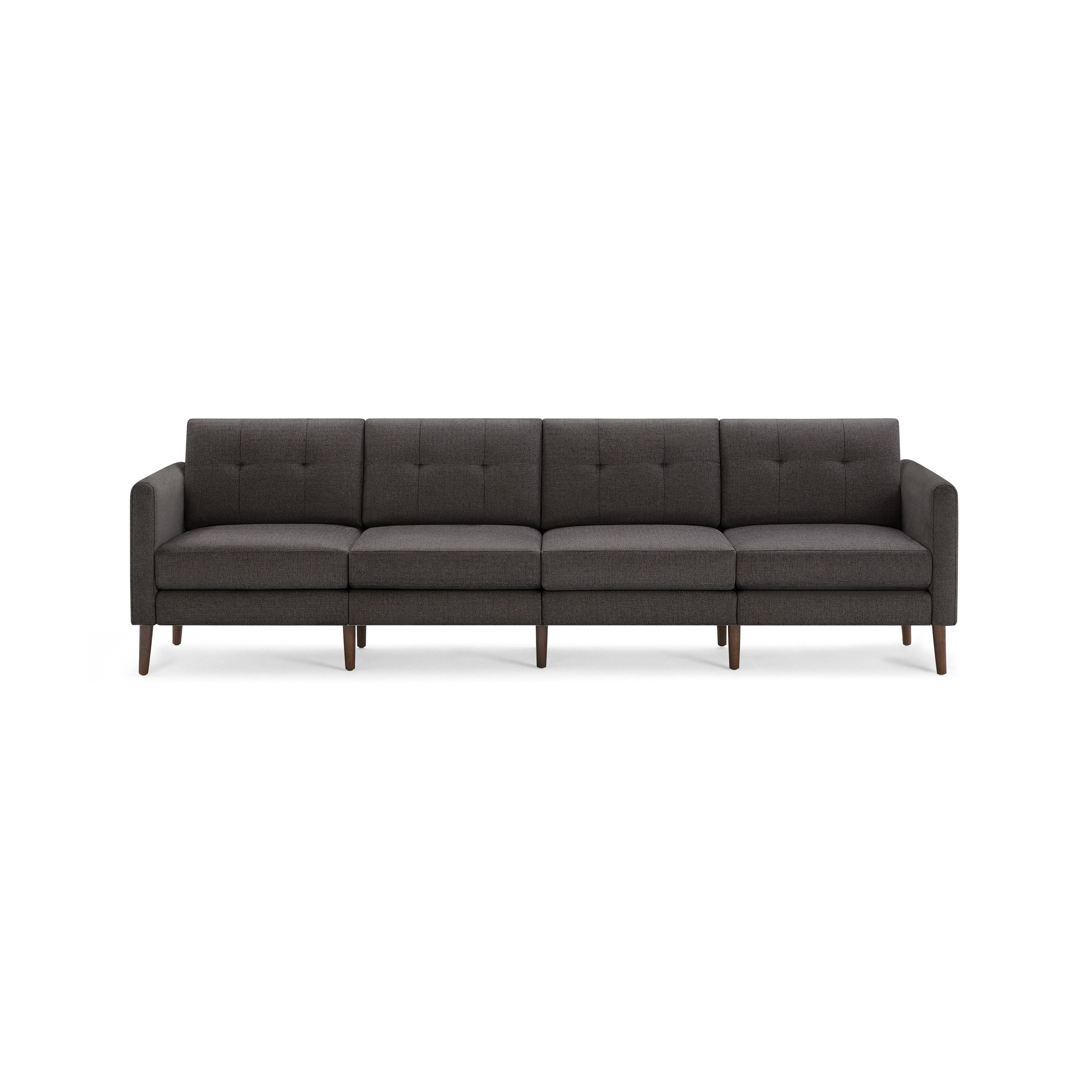 Dark gray modern four-seat fabric sofa with button-tufted backrests and wooden legs, featuring clean-lined armrests.