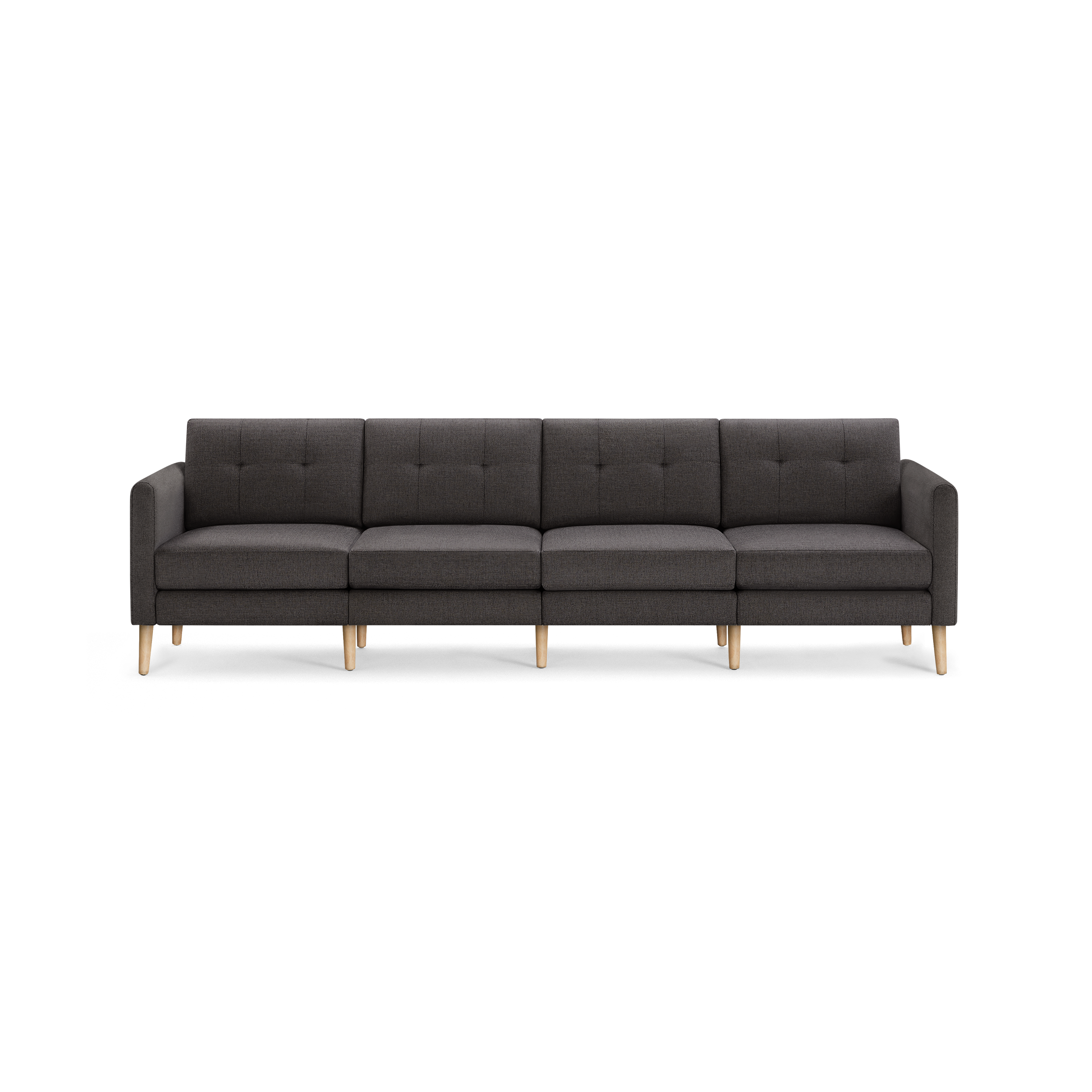 Dark gray fabric four-seater sofa with tufted backrests, straight arms, and light wooden legs in a modern minimalist design.