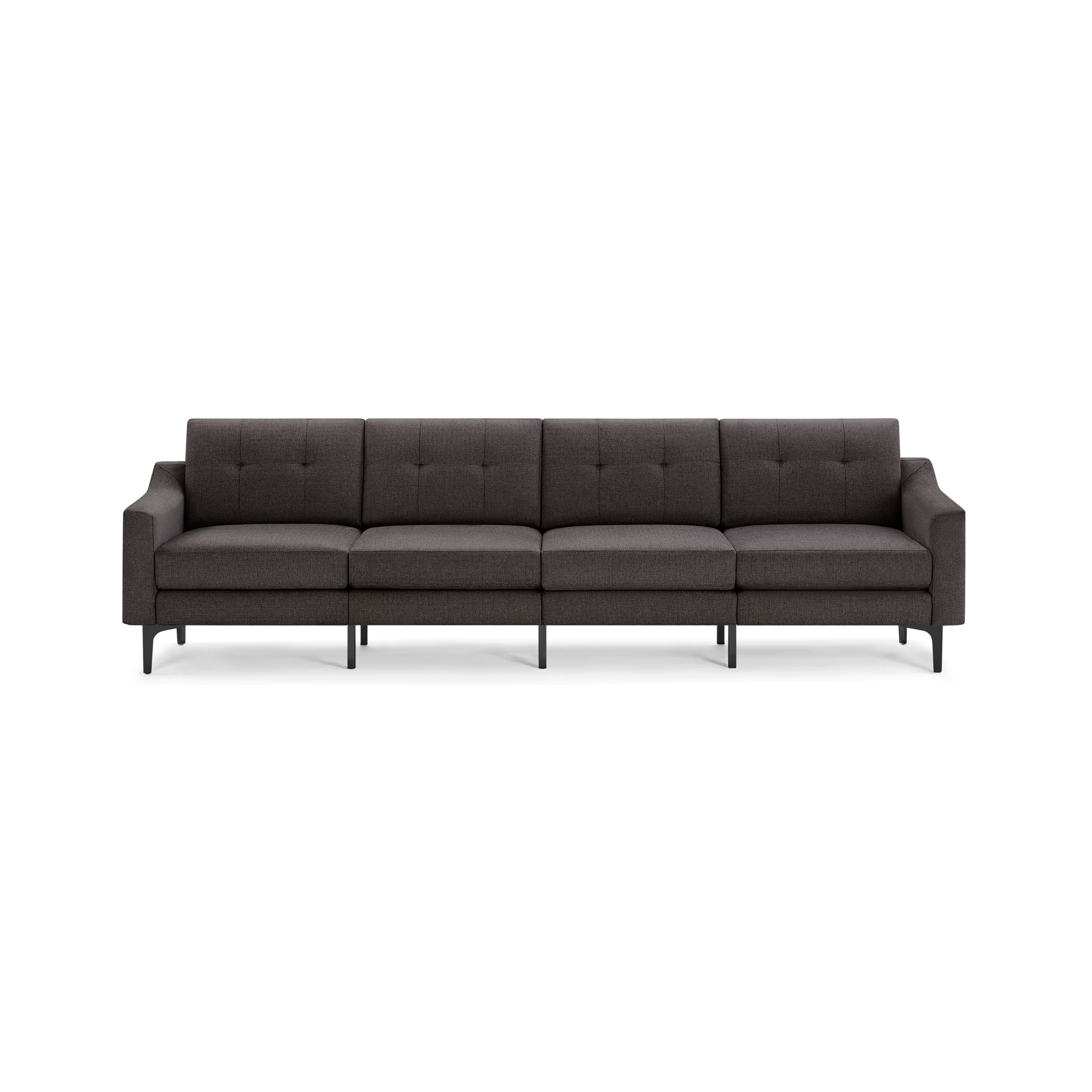 Dark gray modern four-seater sofa with tufted back cushions, straight arms, and black metal legs on black background.
