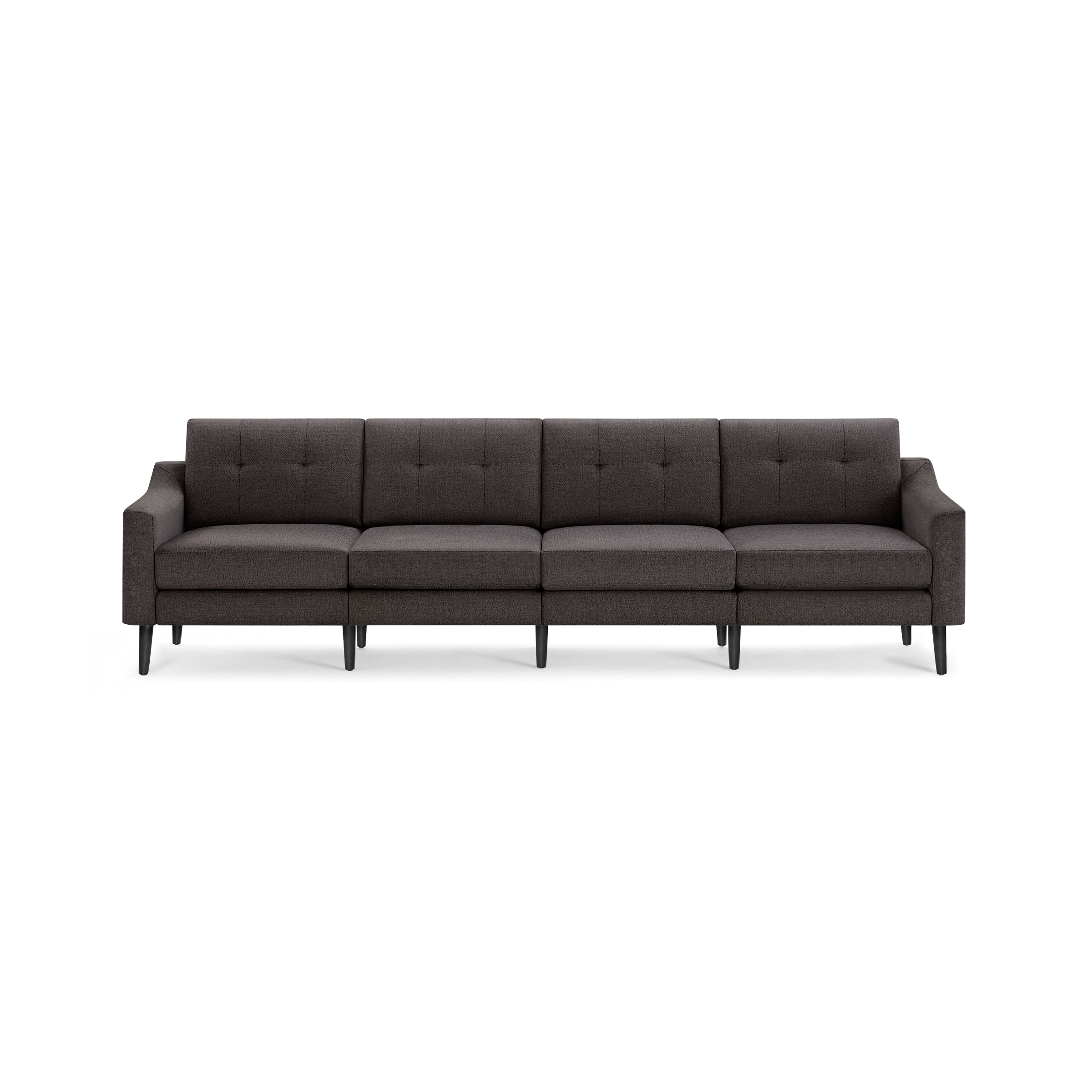 Dark gray modern fabric sofa with four seat cushions, button-tufted backrests, slim armrests, and black tapered wooden legs.