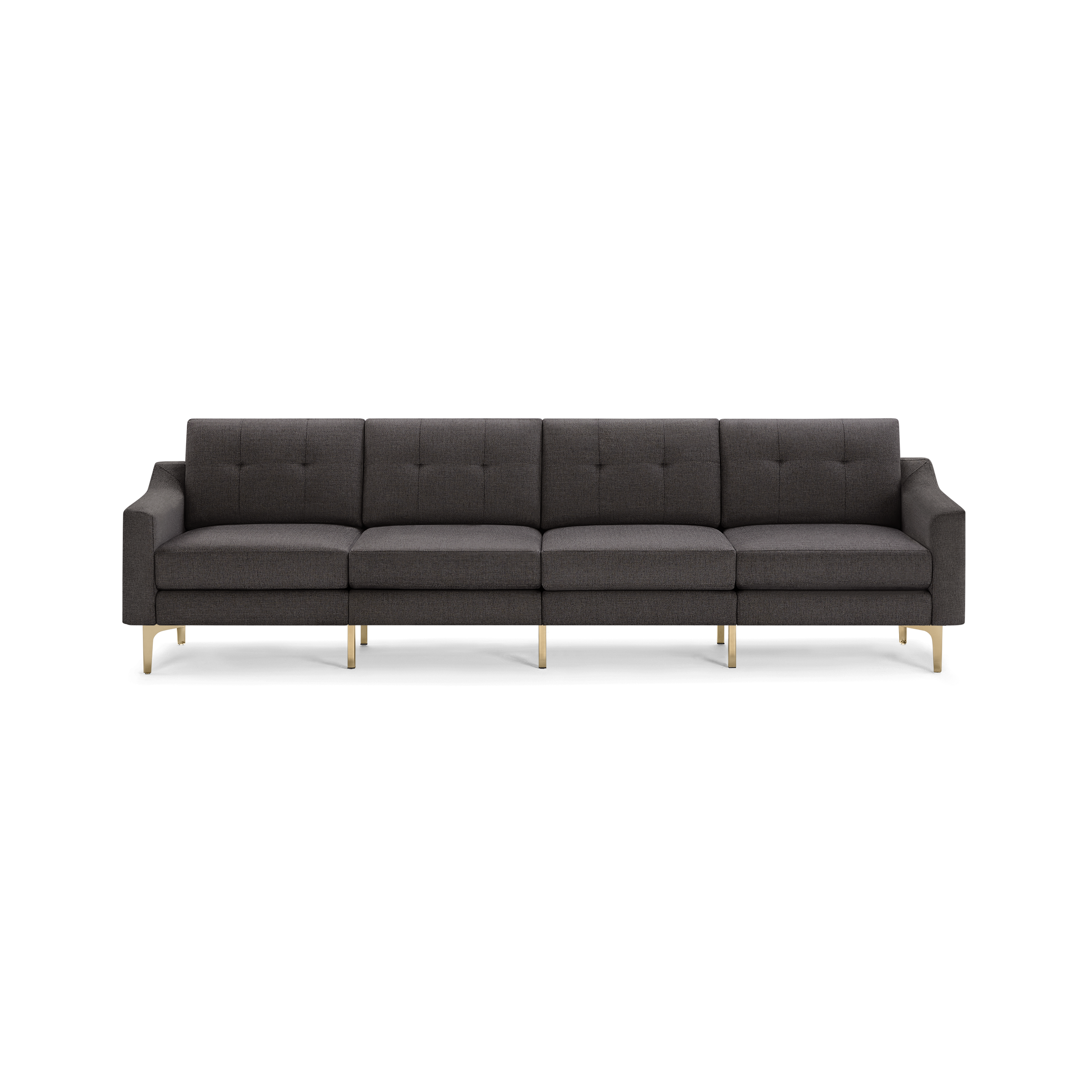 Modern dark gray fabric sofa with clean lines, tufted back cushions, and sleek gold metal legs, seating four people.