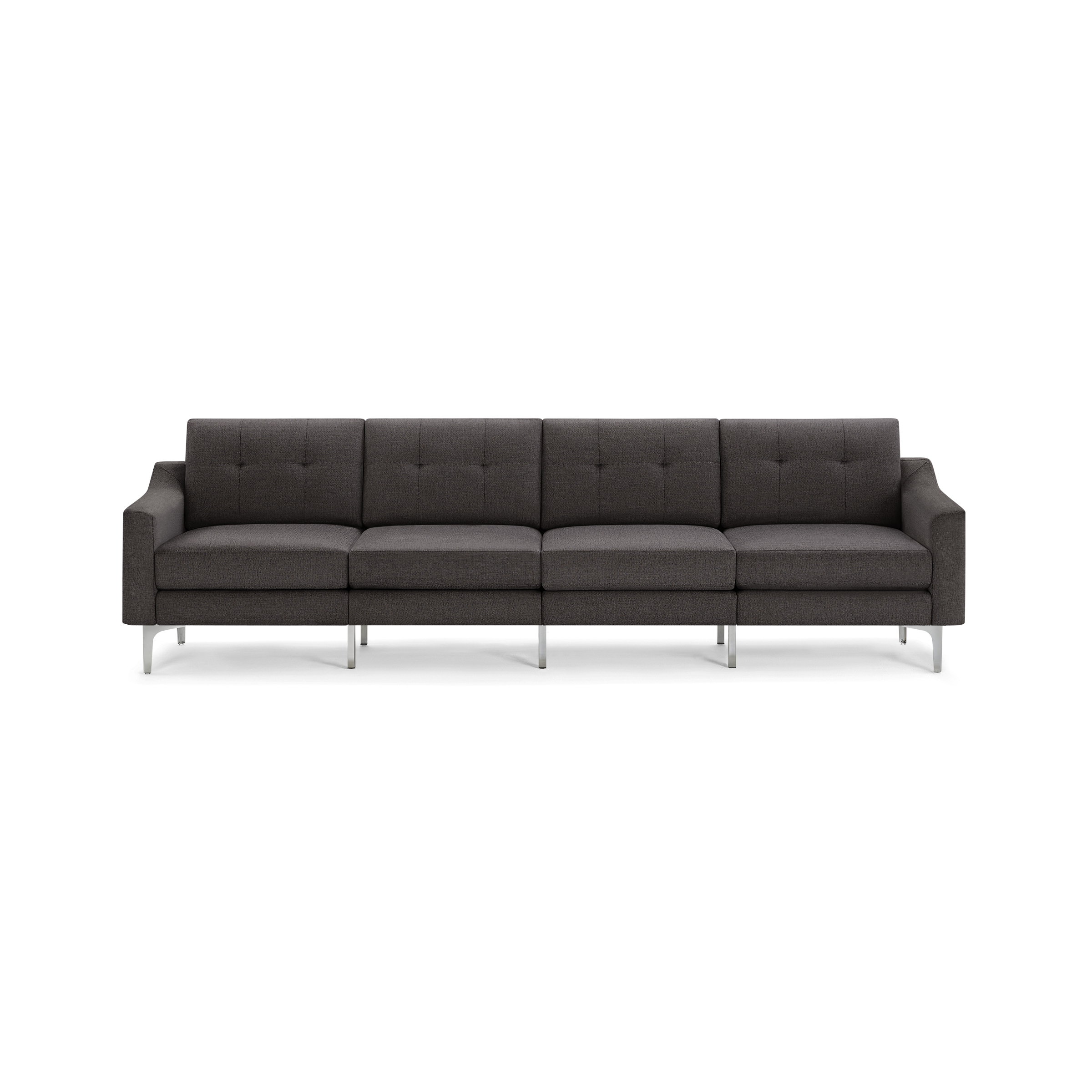 Dark gray fabric four-seater sofa with tufted back cushions, straight armrests, and sleek metallic legs.