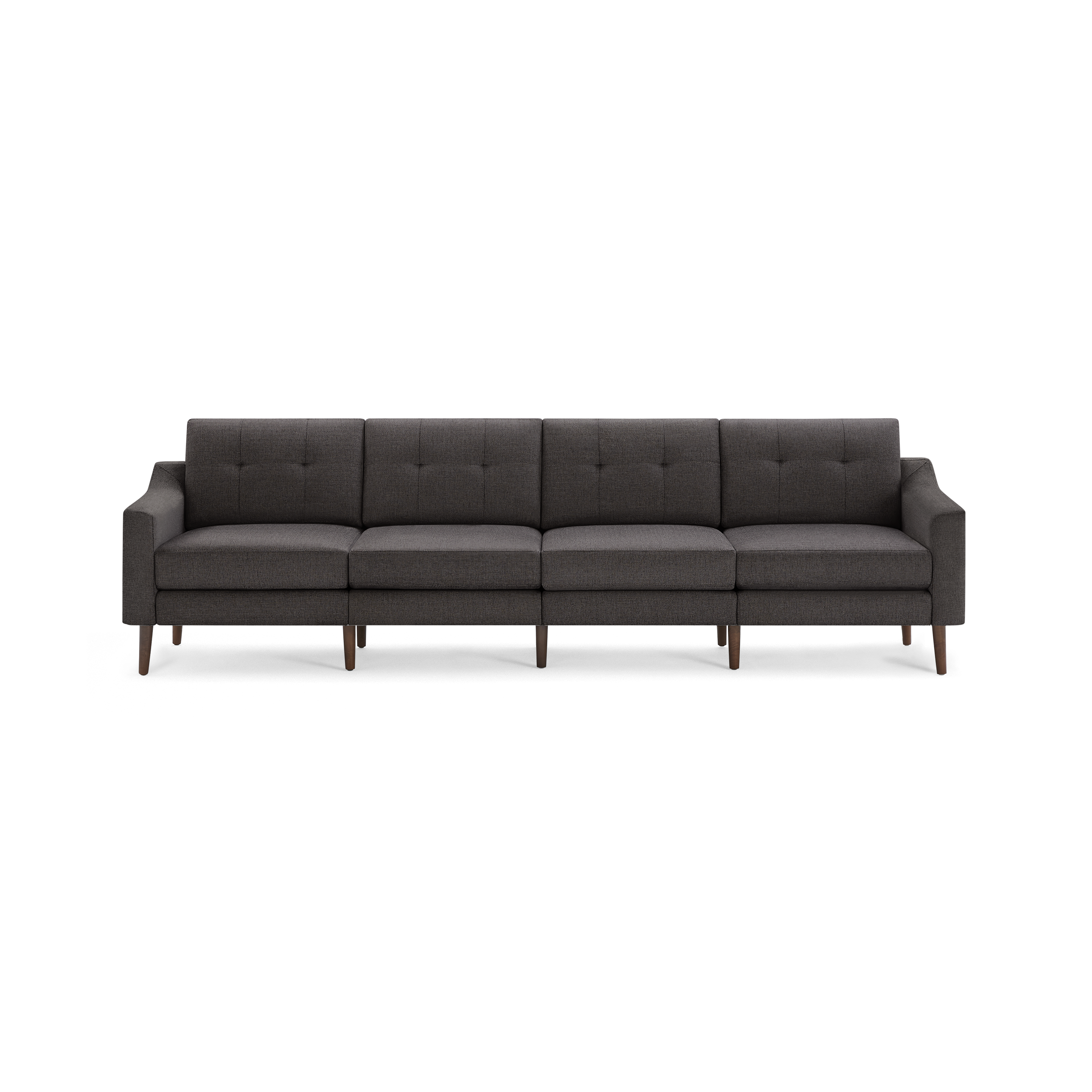 Long modern dark gray fabric sofa with tufted back cushions and wooden tapered legs, designed for spacious seating.