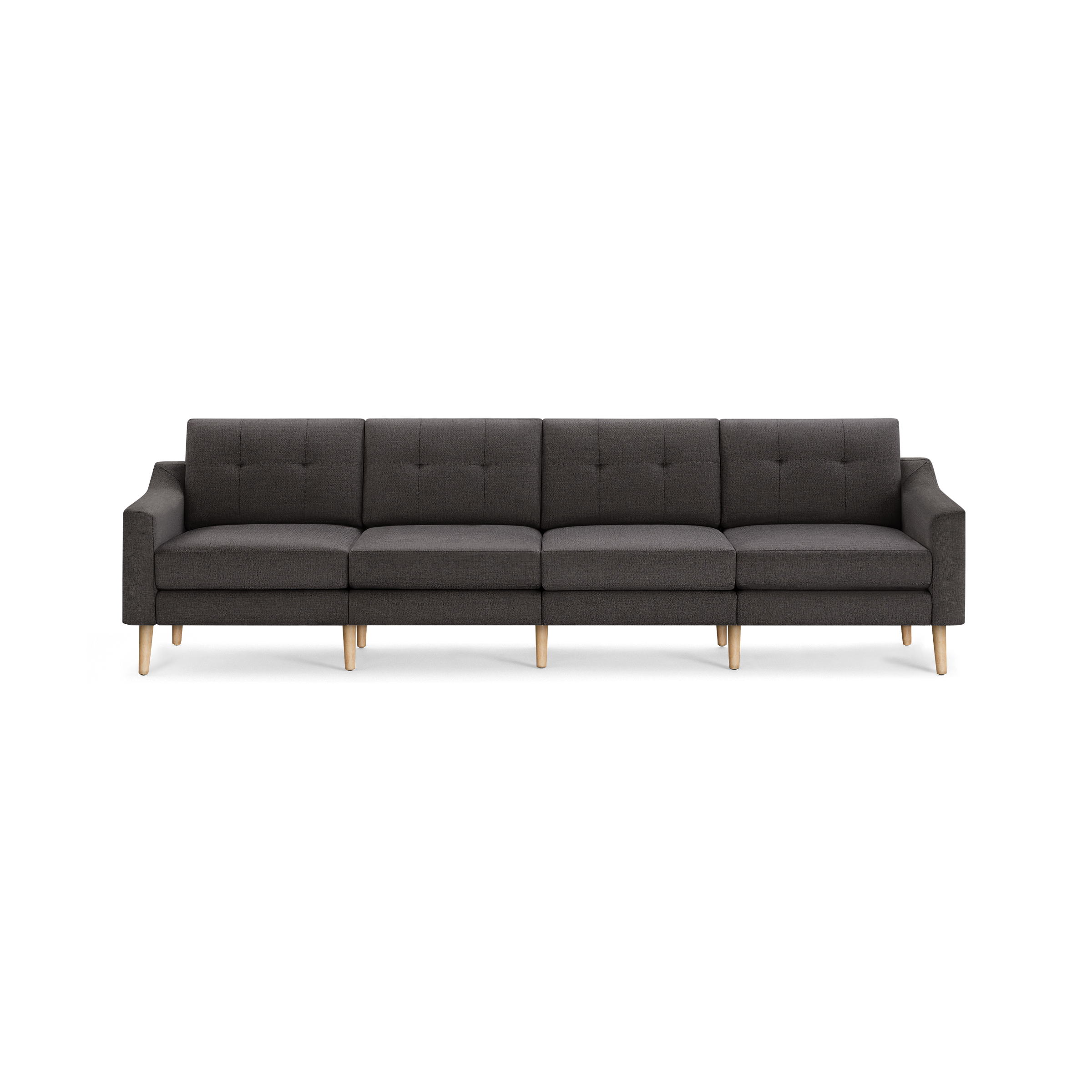 Dark gray modern sectional sofa with tufted back cushions, armrests, and light wooden legs, suitable for spacious living rooms.