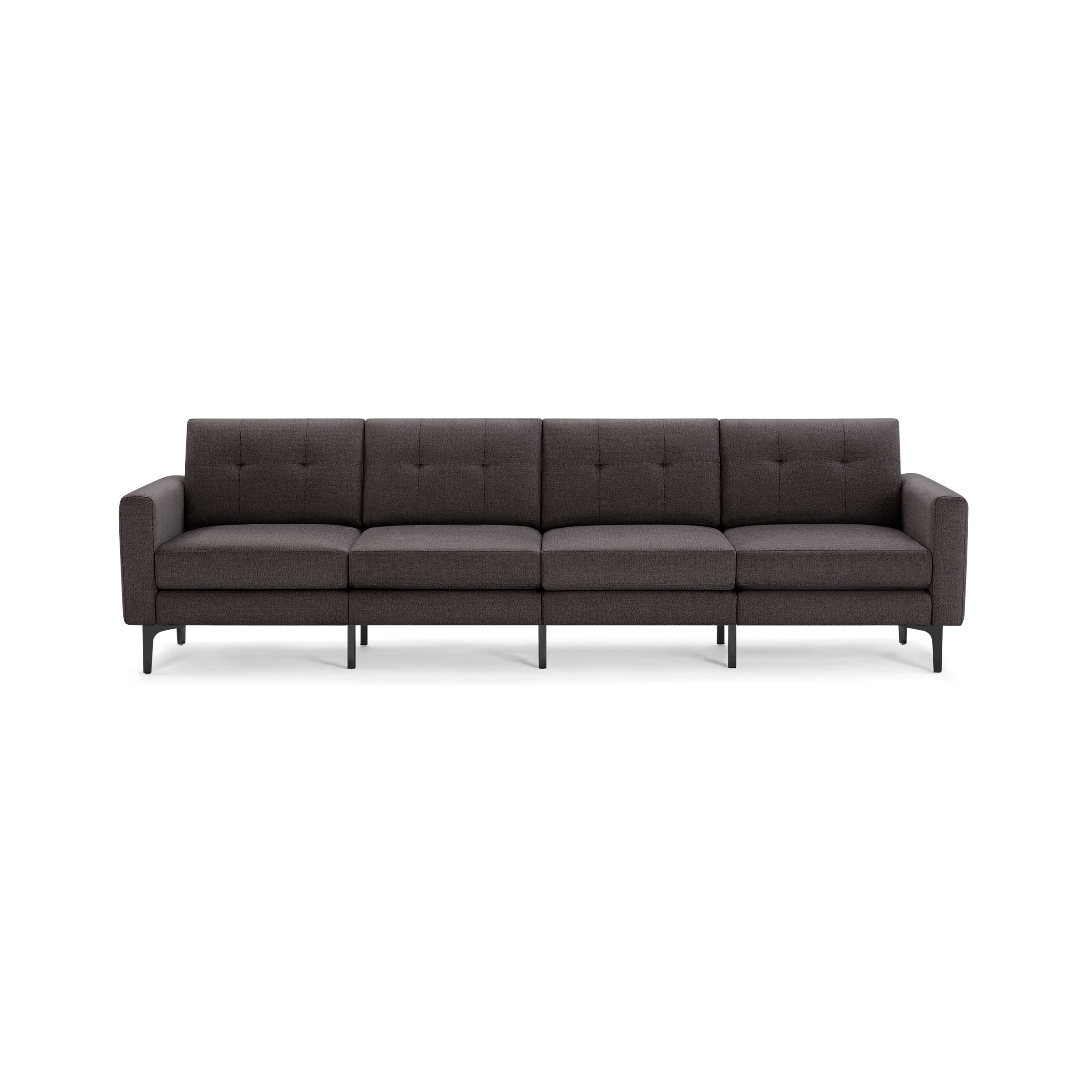 Modern long dark gray fabric sofa with tufted back cushions and slim black legs, designed for four people.