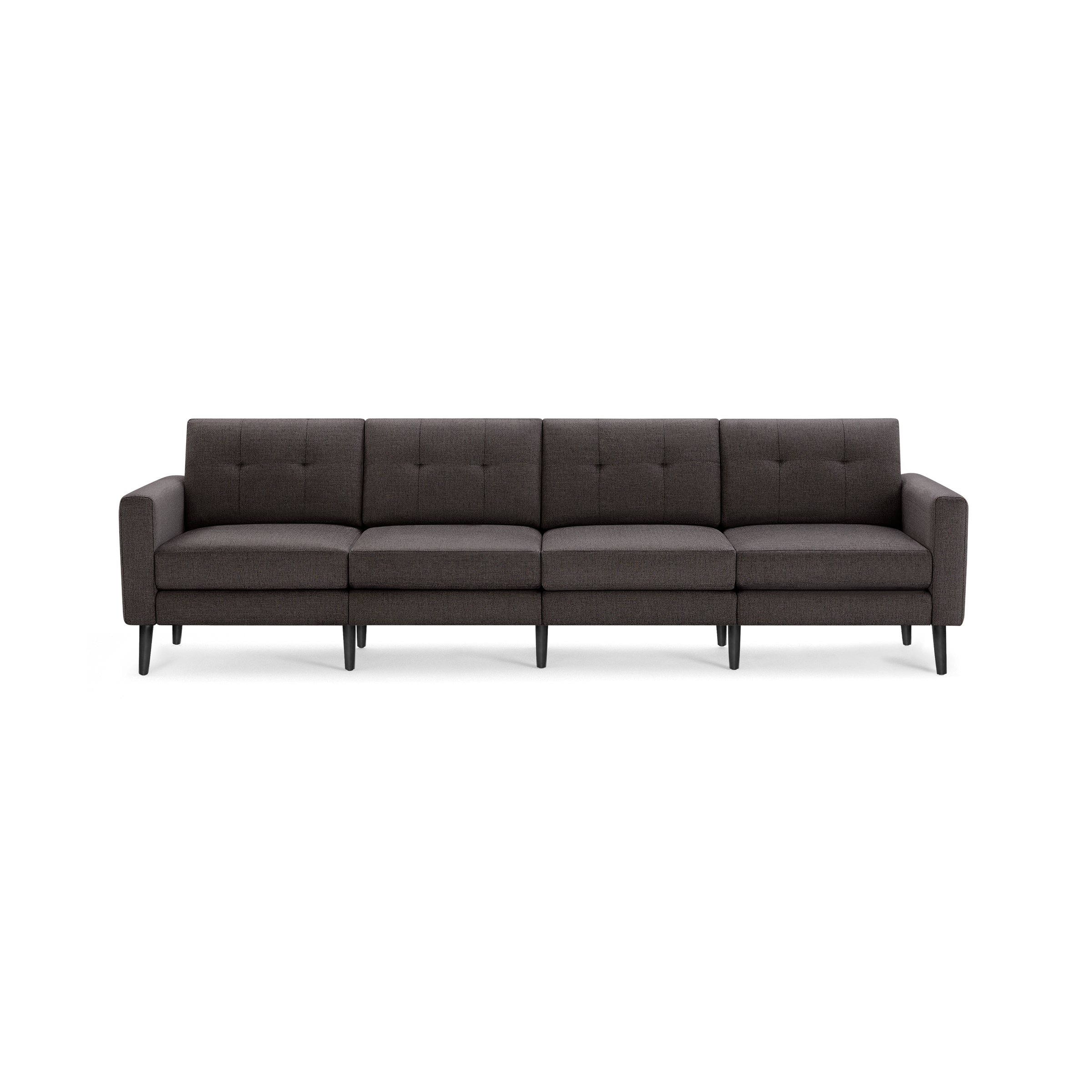 Dark gray four-seat sofa with tufted back cushions, slim armrests, and six black wooden legs.