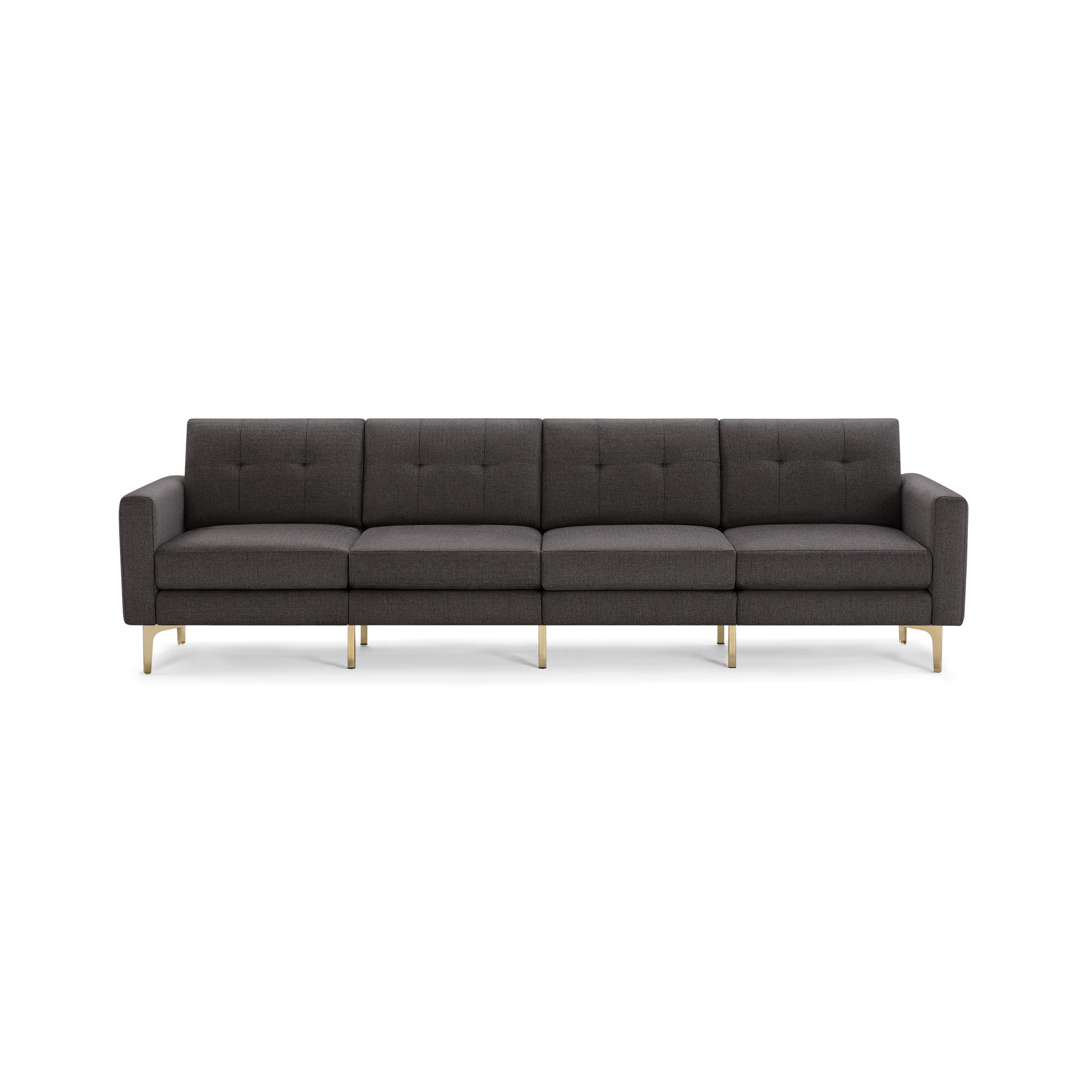 Modern dark gray fabric sofa with tufted back cushions, straight arms, and slim gold metal legs, seating four people.