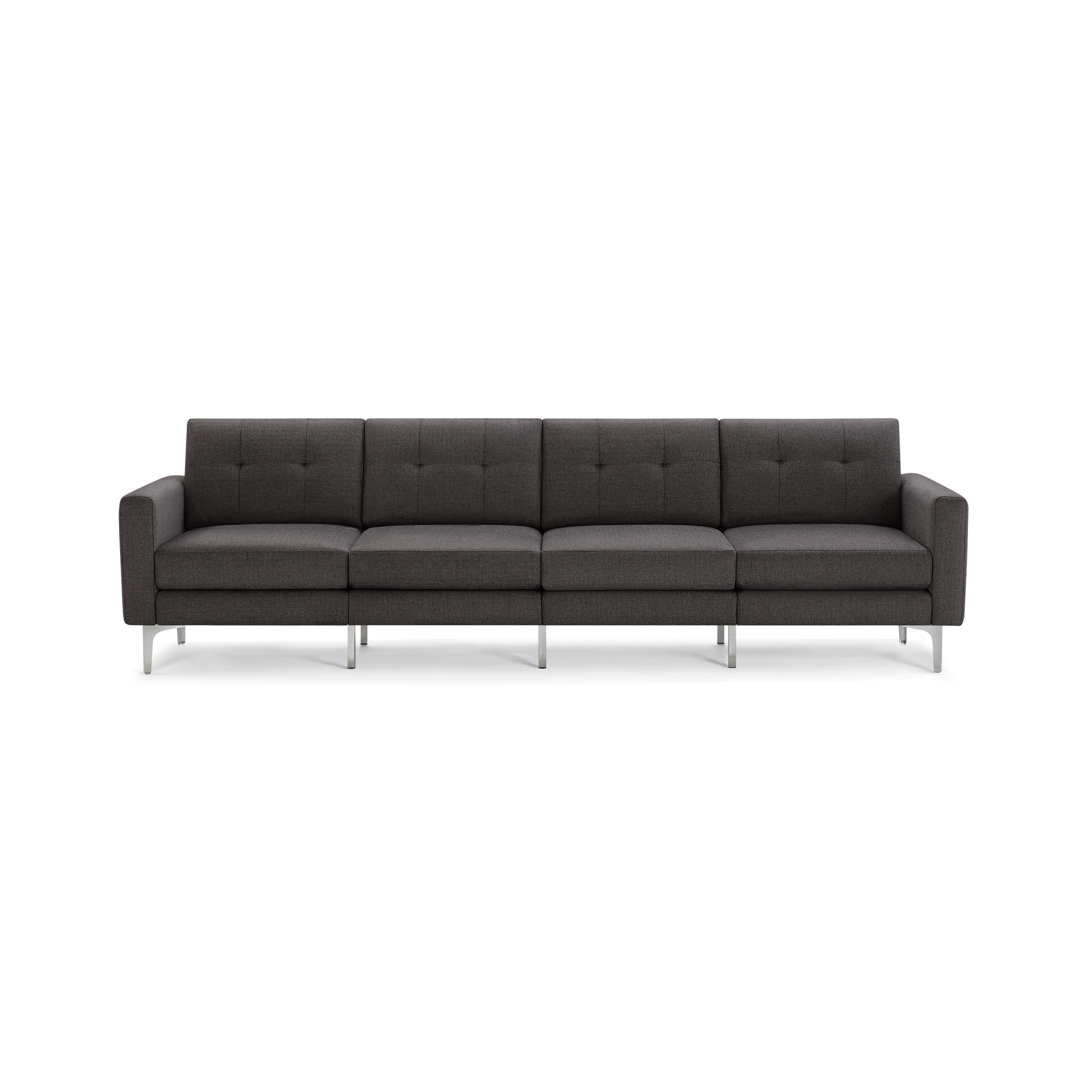 Dark gray modern four-seater sofa with tufted back cushions, straight arms, and metal legs on a black background.