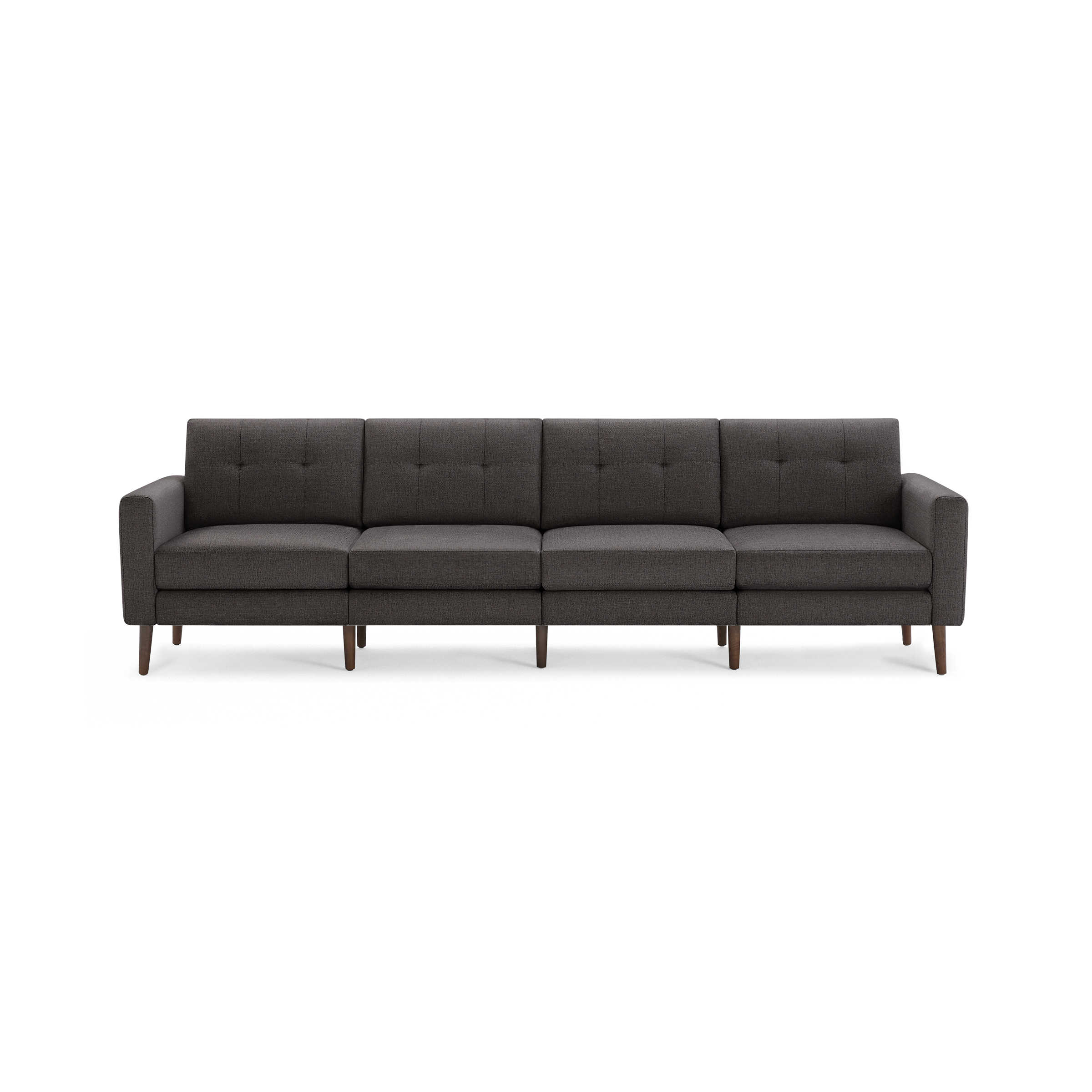 Four-seater modern dark gray fabric sofa with tufted backrests, square armrests, and tapered wooden legs.