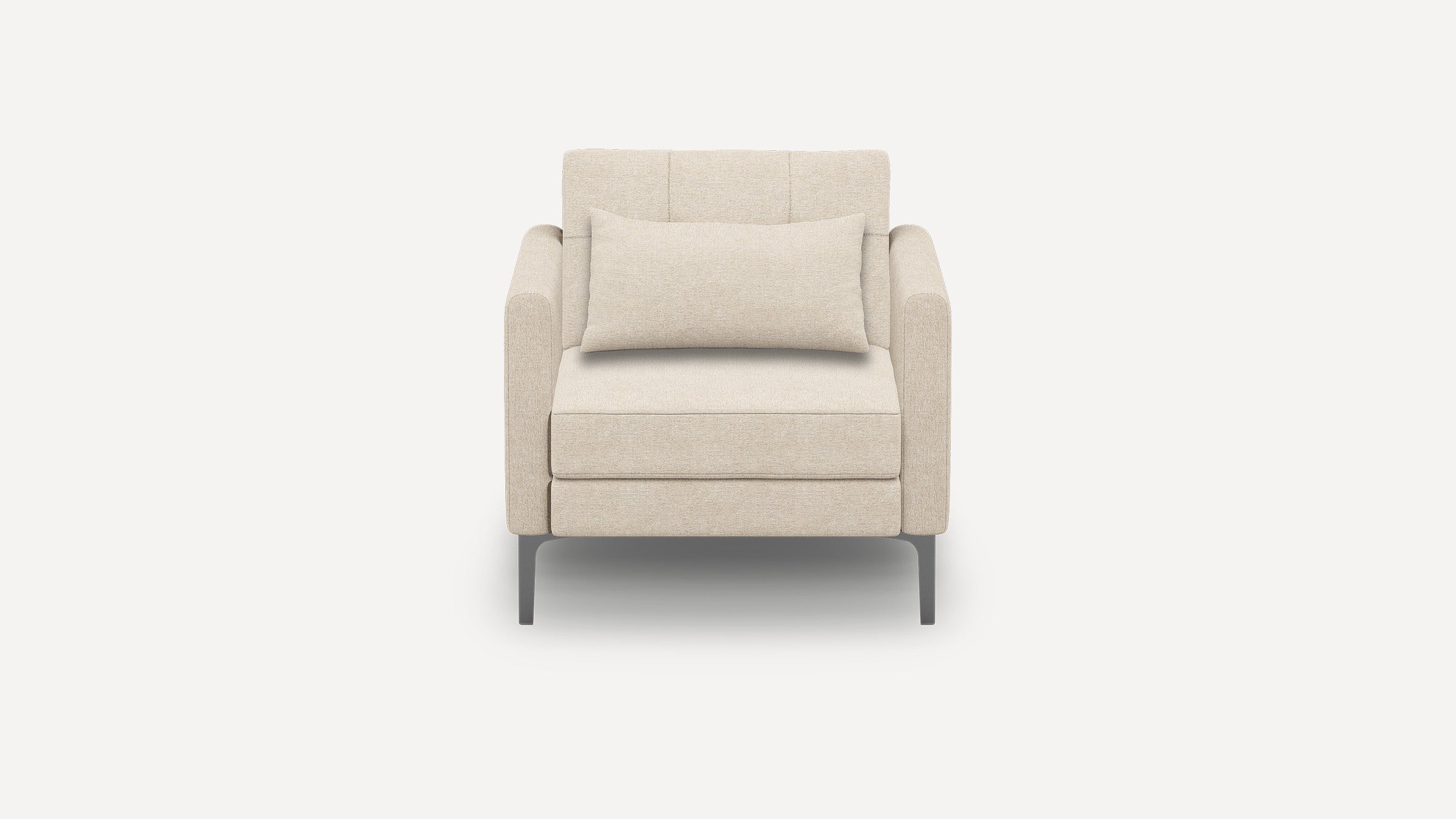 Front view of a modern beige armchair with a matching lumbar pillow and sleek metal legs against a plain background.