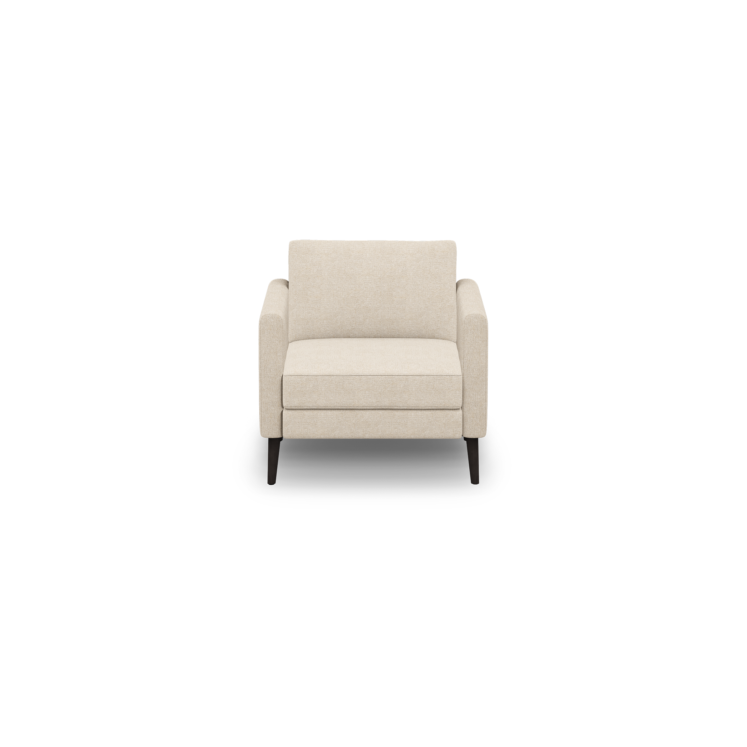 Beige upholstered armchair with straight padded arms, a cushioned seat and backrest, and dark wooden legs.