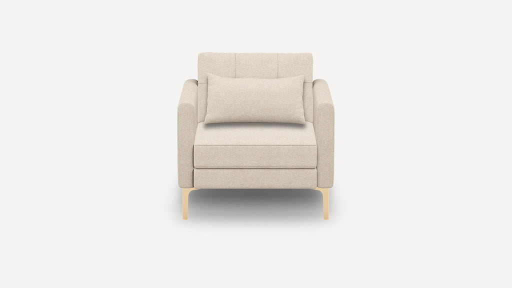 Front view of a beige upholstered armchair with straight arms, cushioned back, matching lumbar pillow, and light wooden legs.