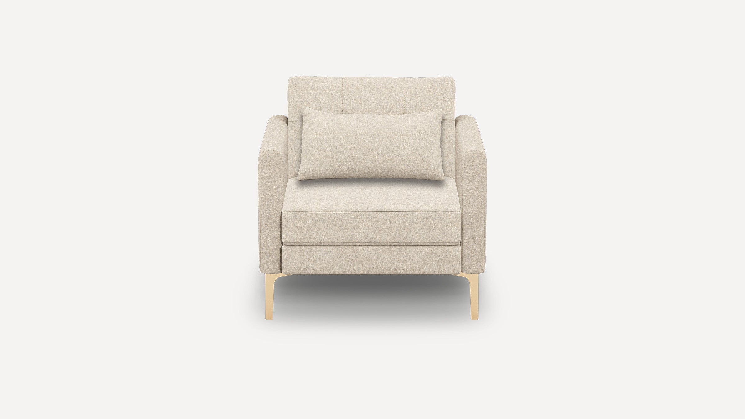 Front view of a beige upholstered armchair with straight arms, cushioned back, matching lumbar pillow, and light wooden legs.