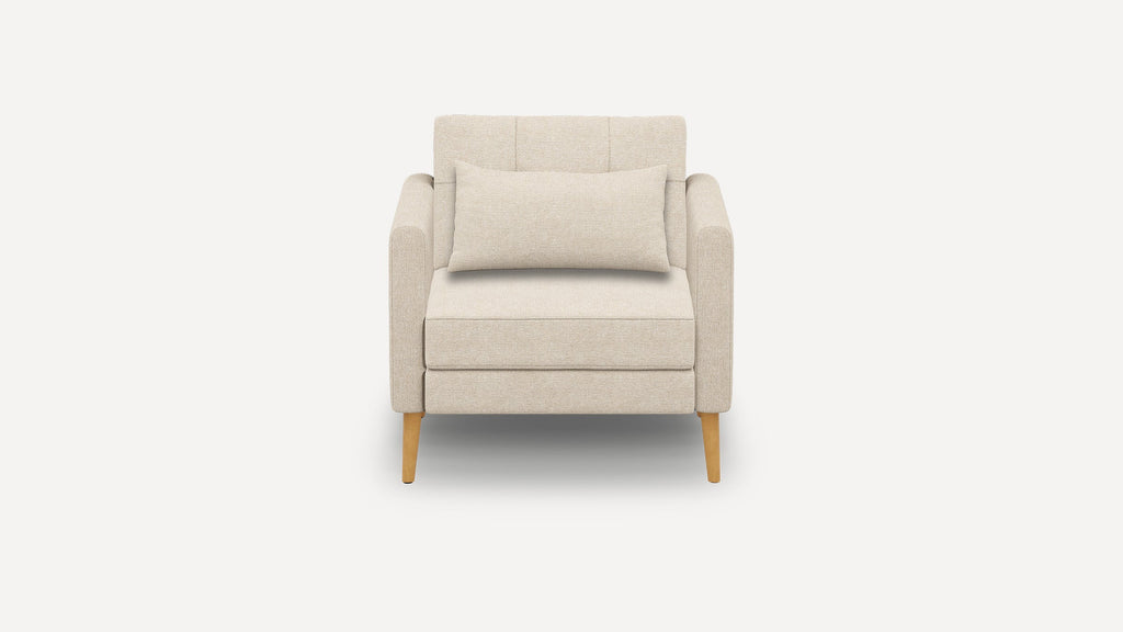 Front view of a beige upholstered armchair with wooden legs and a matching rectangular cushion.