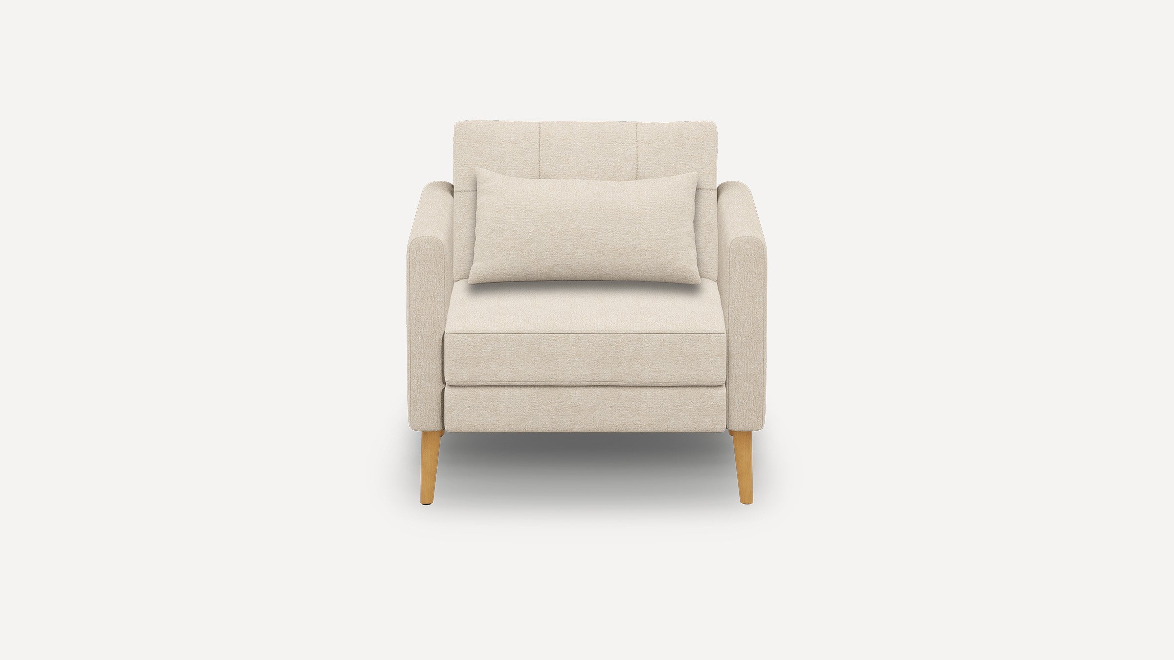 Front view of a beige upholstered armchair with wooden legs and a matching rectangular cushion.