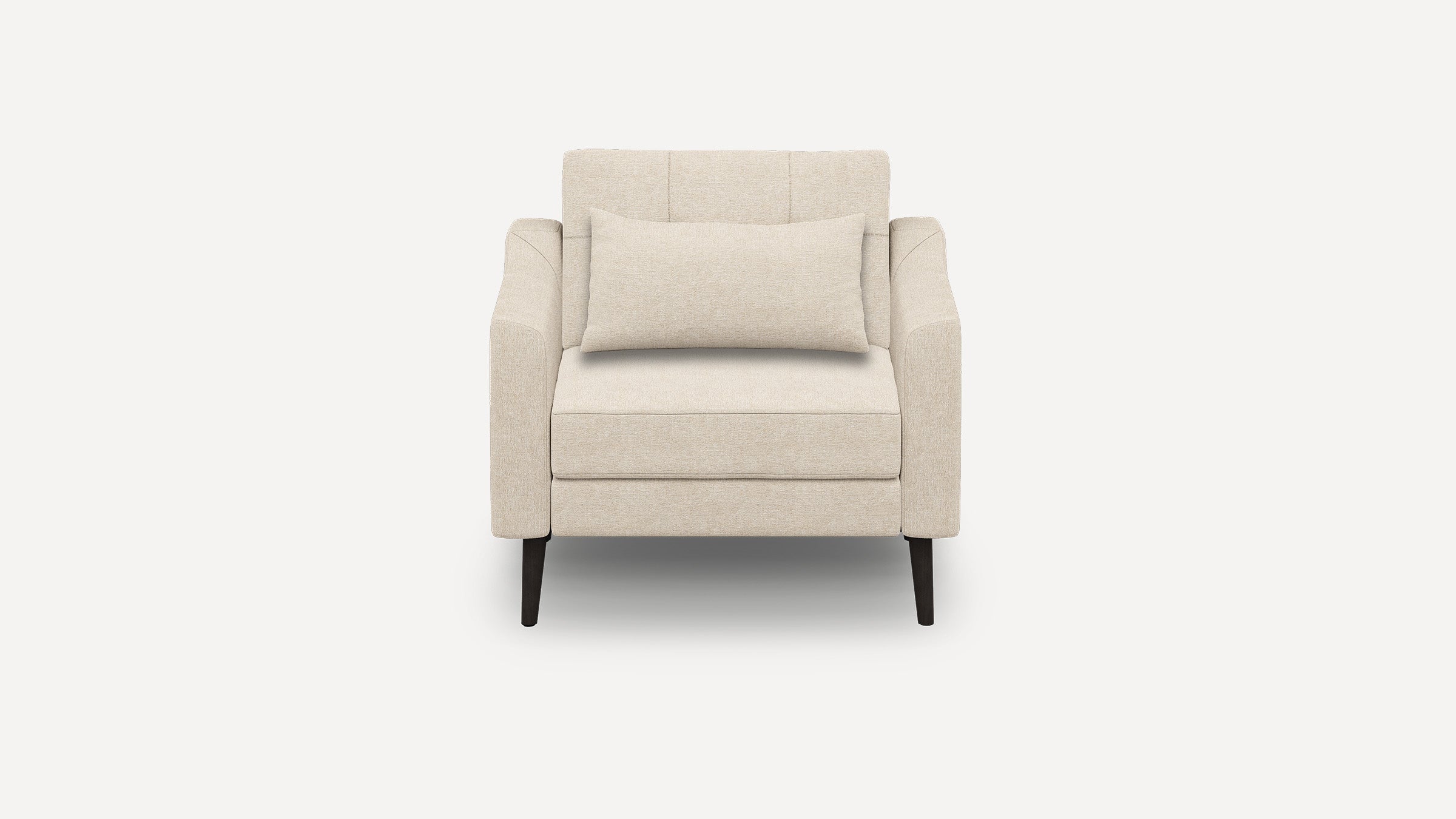 Front view of a beige upholstered single-seater armchair with a matching rectangular cushion and dark wooden legs.