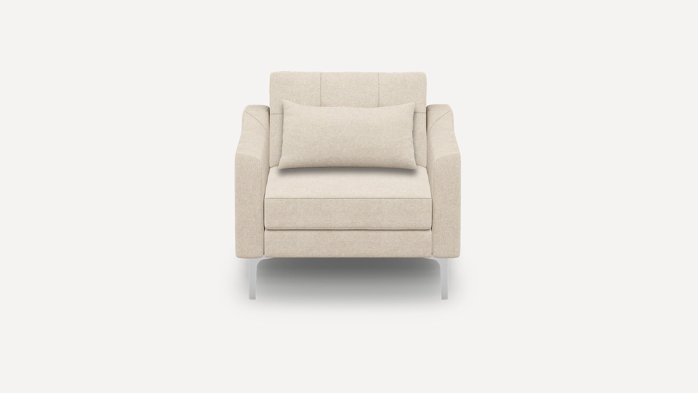 Front view of a modern beige upholstered armchair with a rectangular lumbar pillow and slim metal legs.