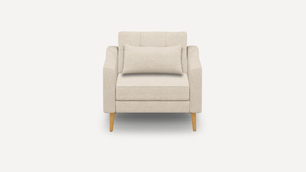 Beige fabric armchair with a rectangular back cushion and wooden tapered legs, viewed from the front.