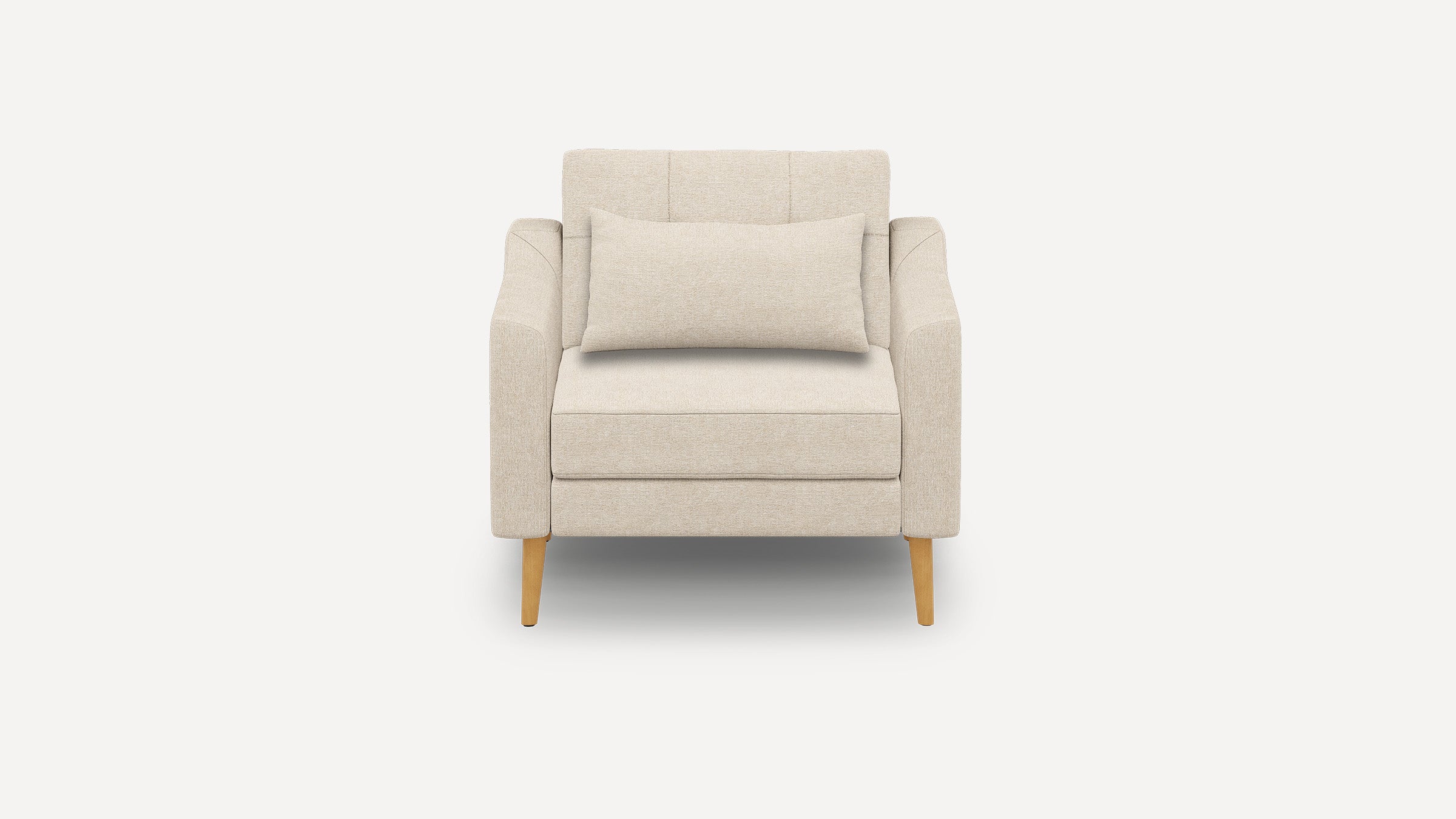 Beige fabric armchair with a rectangular back cushion and wooden tapered legs, viewed from the front.