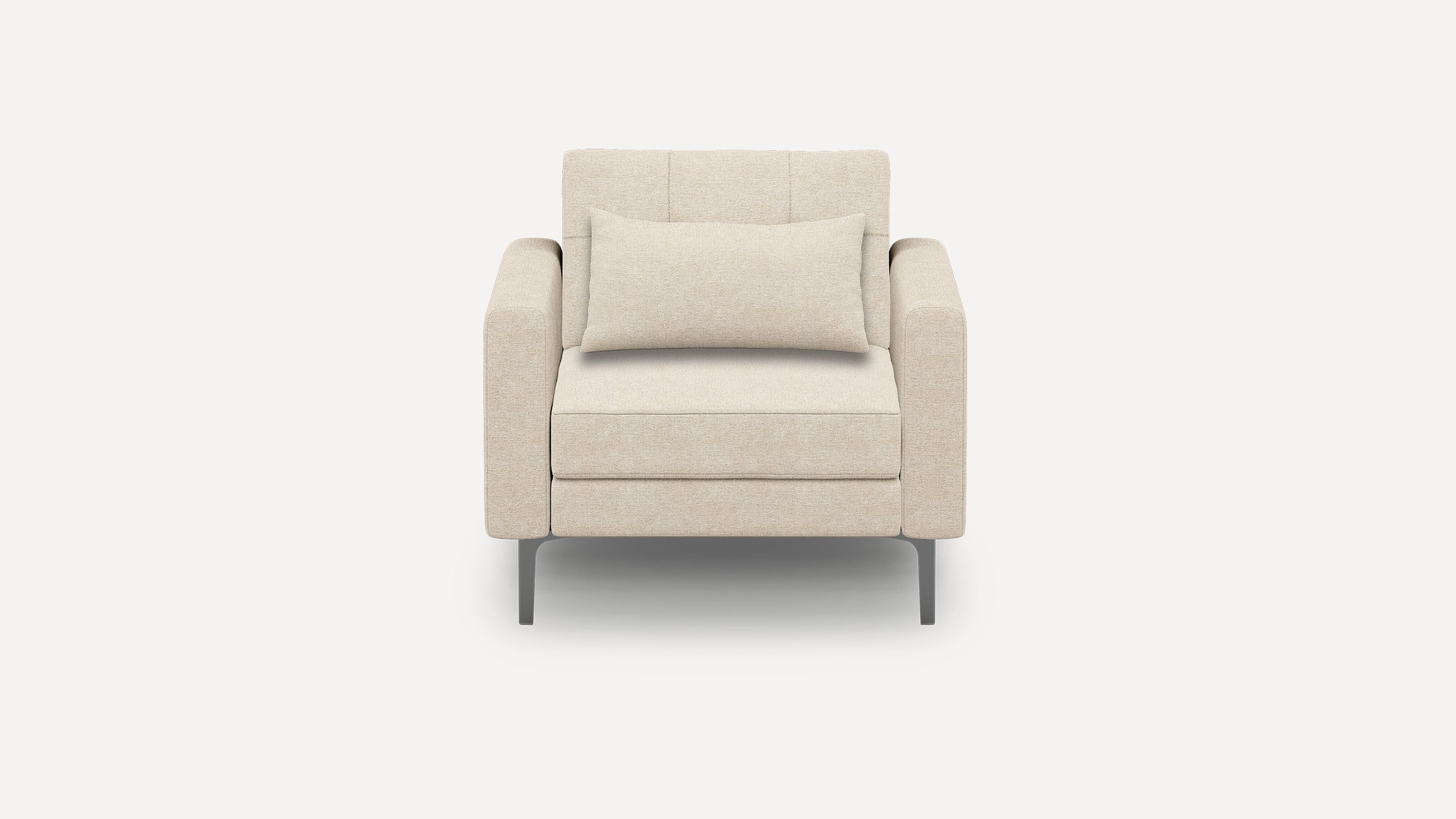Modern beige upholstered armchair with a rectangular lumbar pillow and slim metal legs, displayed against a plain white background.
