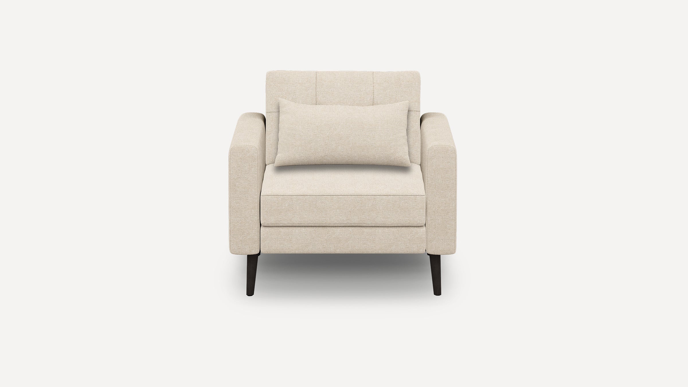 Beige upholstered armchair with rectangular back cushion, straight armrests, and dark wooden legs, shown from front.