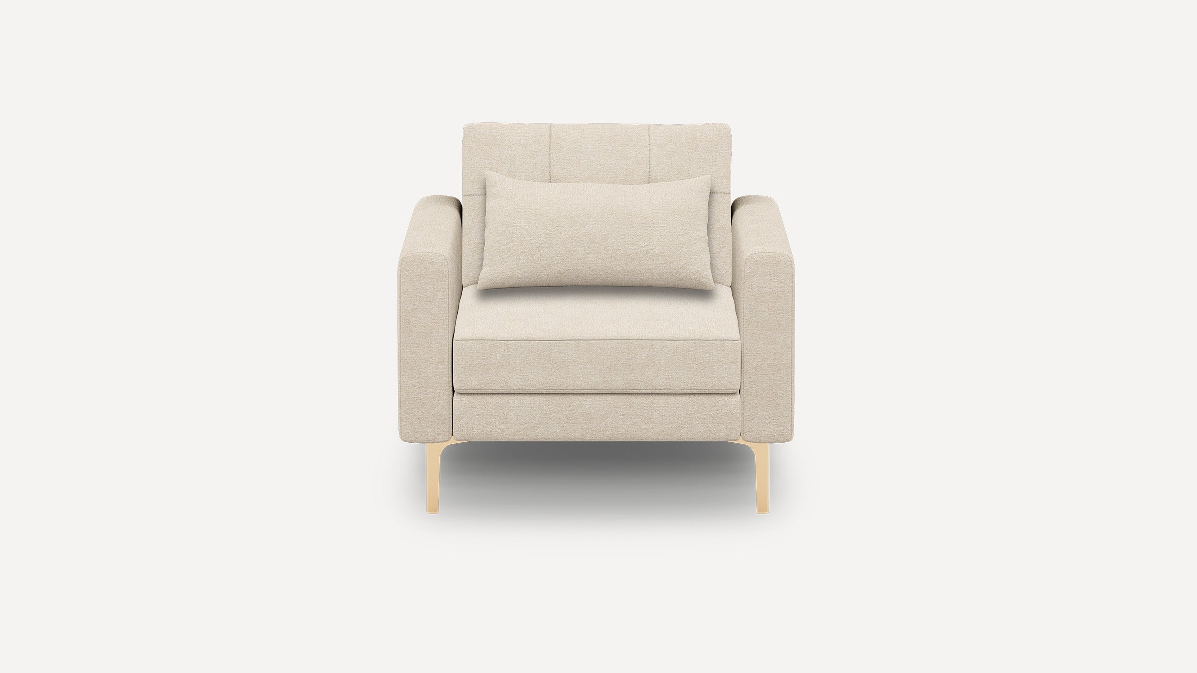 Front view of a modern beige fabric armchair with square armrests, a rectangular lumbar pillow, and light wooden legs.