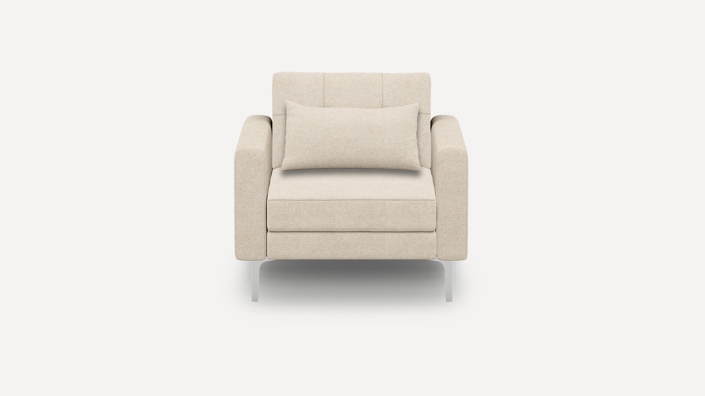 Modern beige armchair with plush rectangular cushion, squared armrests, and sleek metal legs, set against a plain white background.