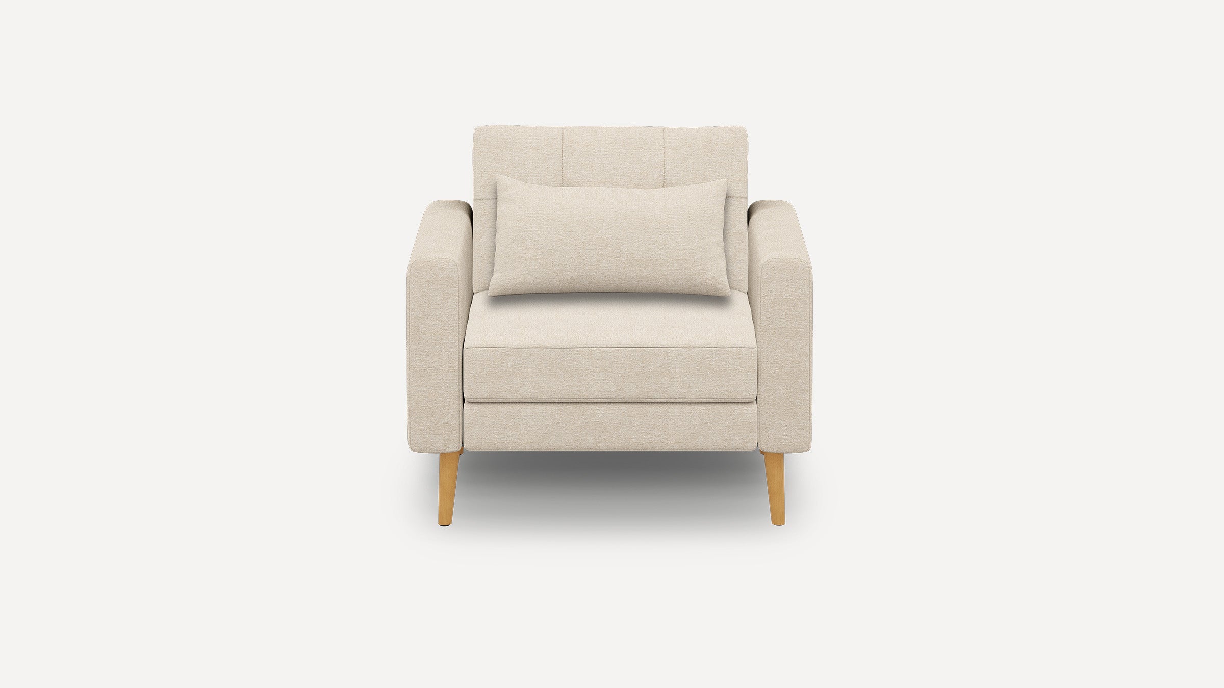 Beige upholstered armchair with a rectangular cushion, padded armrests, and light wooden legs, set against a plain background.