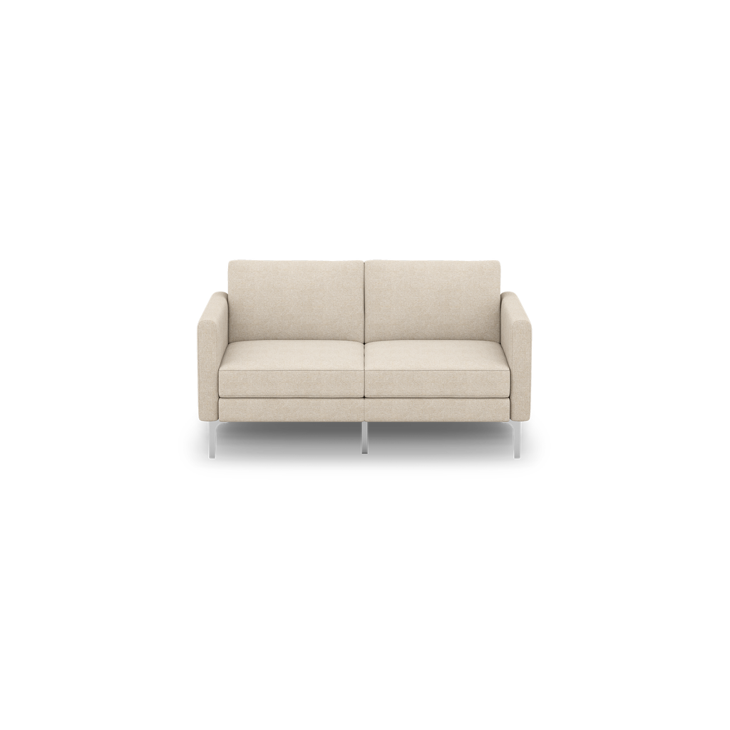 Beige modern two-seater sofa with slim armrests and metal legs, featuring clean lines and a minimalist design.