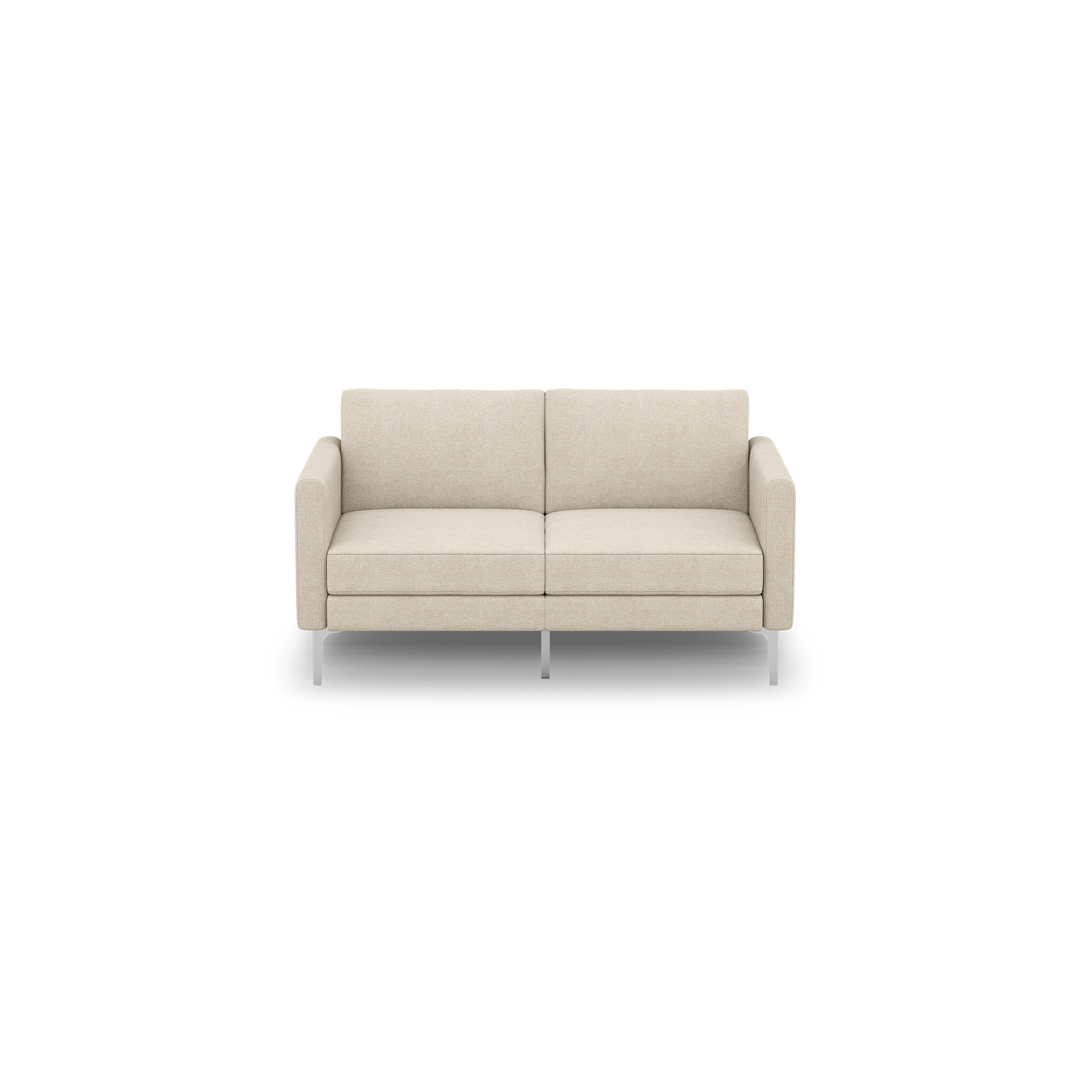 Beige modern two-seater sofa with slim armrests and metal legs, featuring clean lines and a minimalist design.
