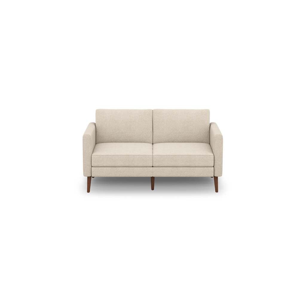 Beige two-seater sofa with clean lines, cushioned seats and backrests, slim armrests, and wooden legs.