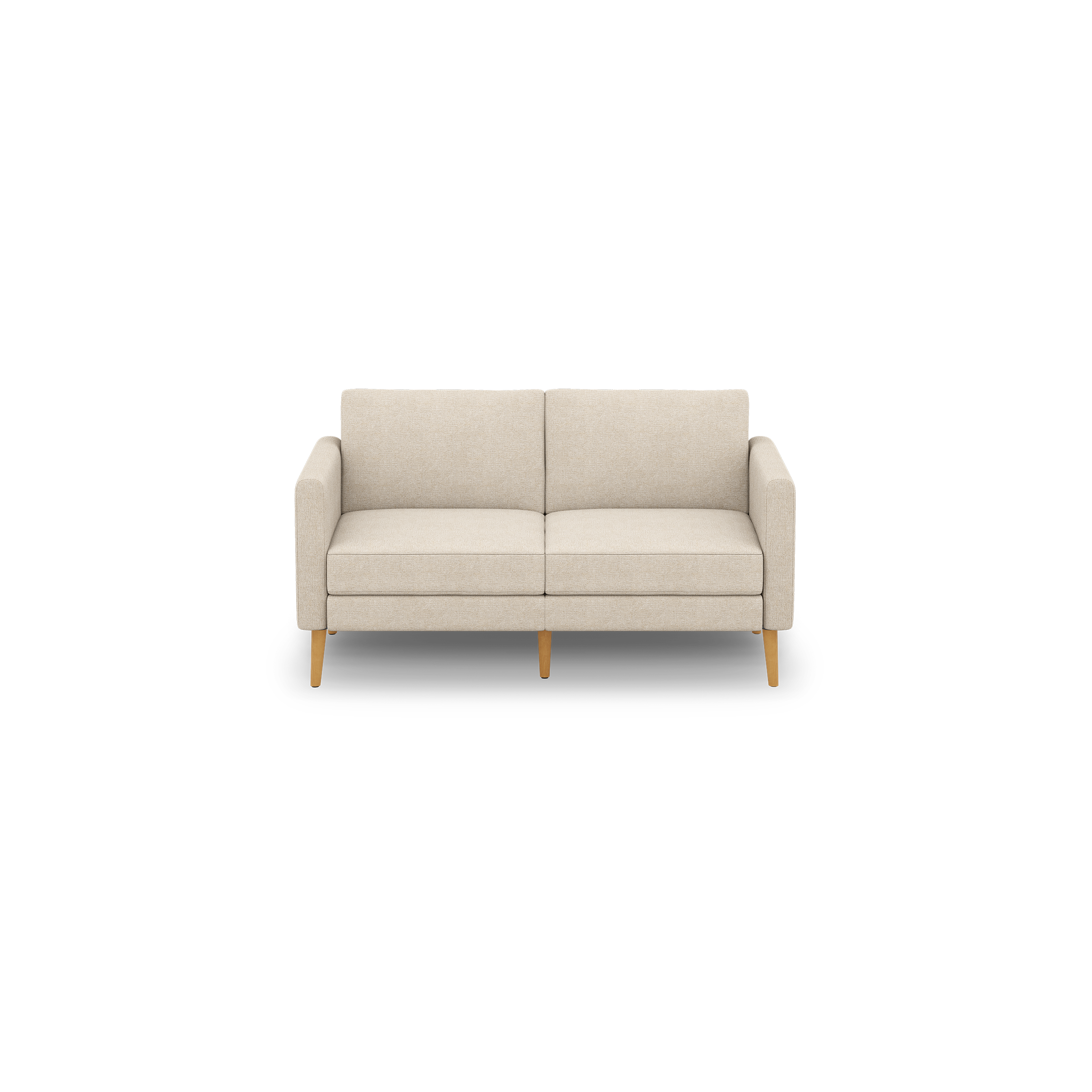 Beige two-seater sofa with clean lines, square armrests, cushioned seats and backrests, supported by four wooden legs.