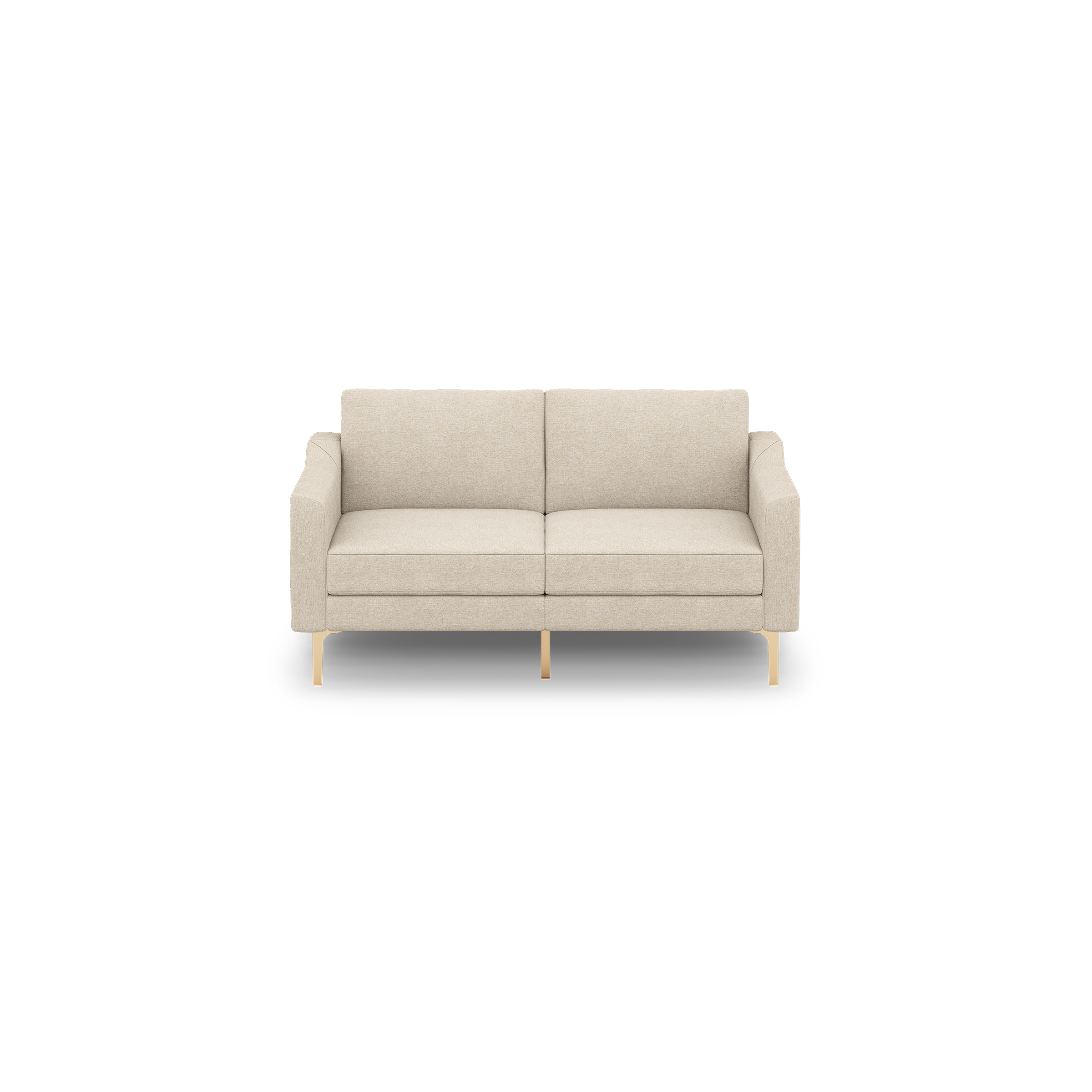 Beige two-seater sofa with clean lines, rectangular cushions, padded armrests, and light wooden legs.