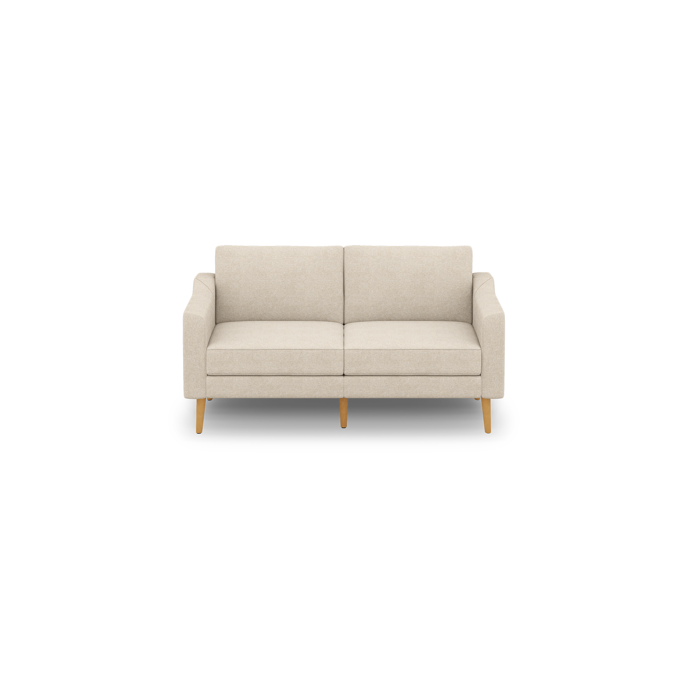 Beige two-seater sofa with clean lines, cushioned back and seats, and four light wooden legs on a black background.