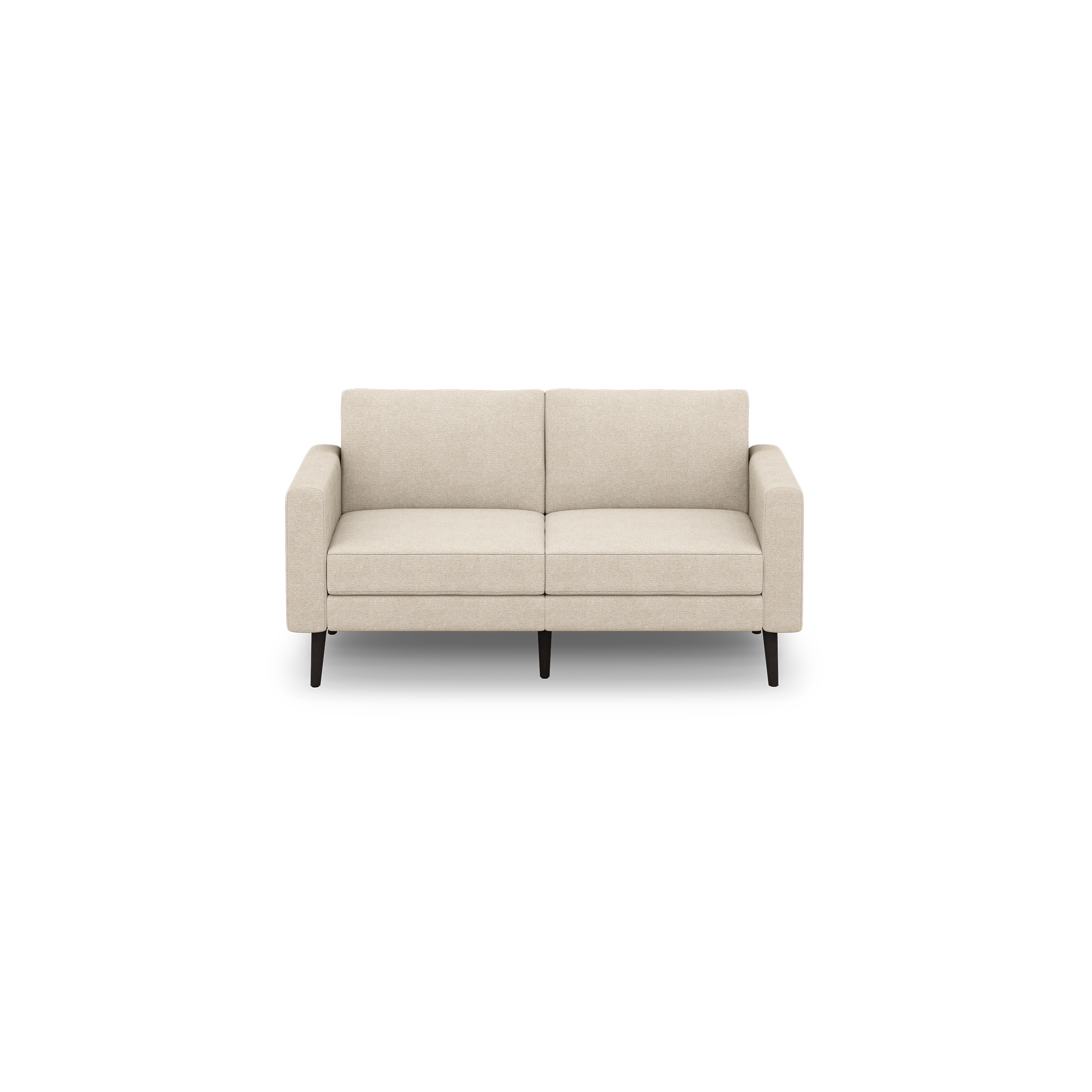 Two-seater modern beige fabric sofa with clean lines, cushioned seats, backrests, straight armrests, and black wooden legs, isolated on black background.