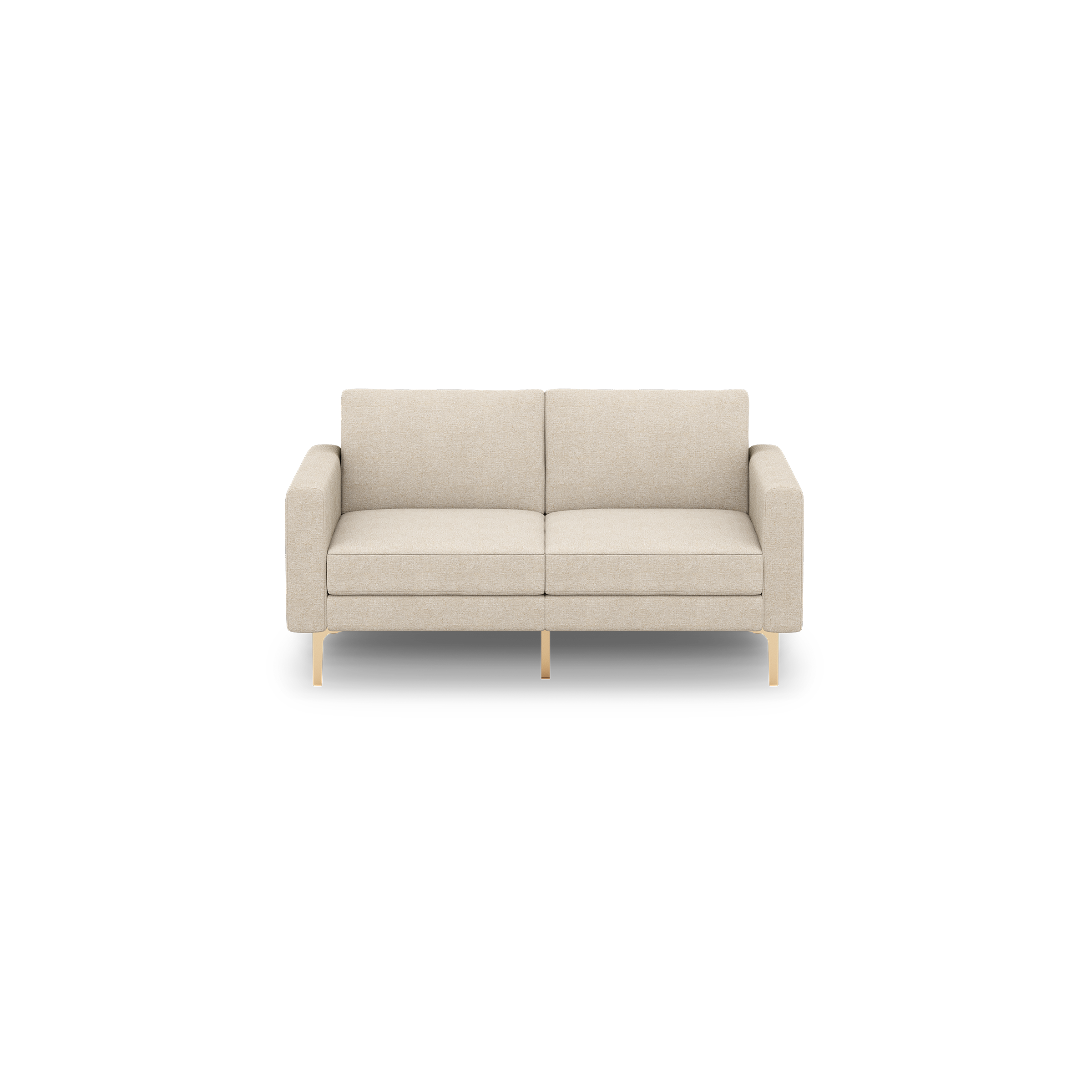 Beige two-seater sofa with clean lines, cushioned seats, armrests, and slender light-colored legs on a black background.