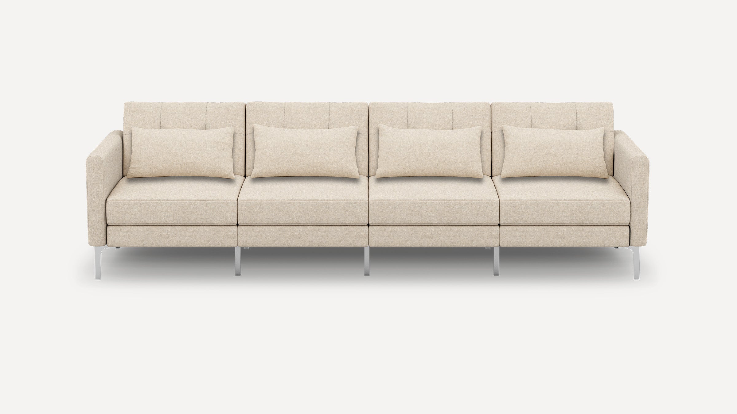 Beige modern four-seater sofa with clean lines, square cushions, and slim metal legs on a white background.