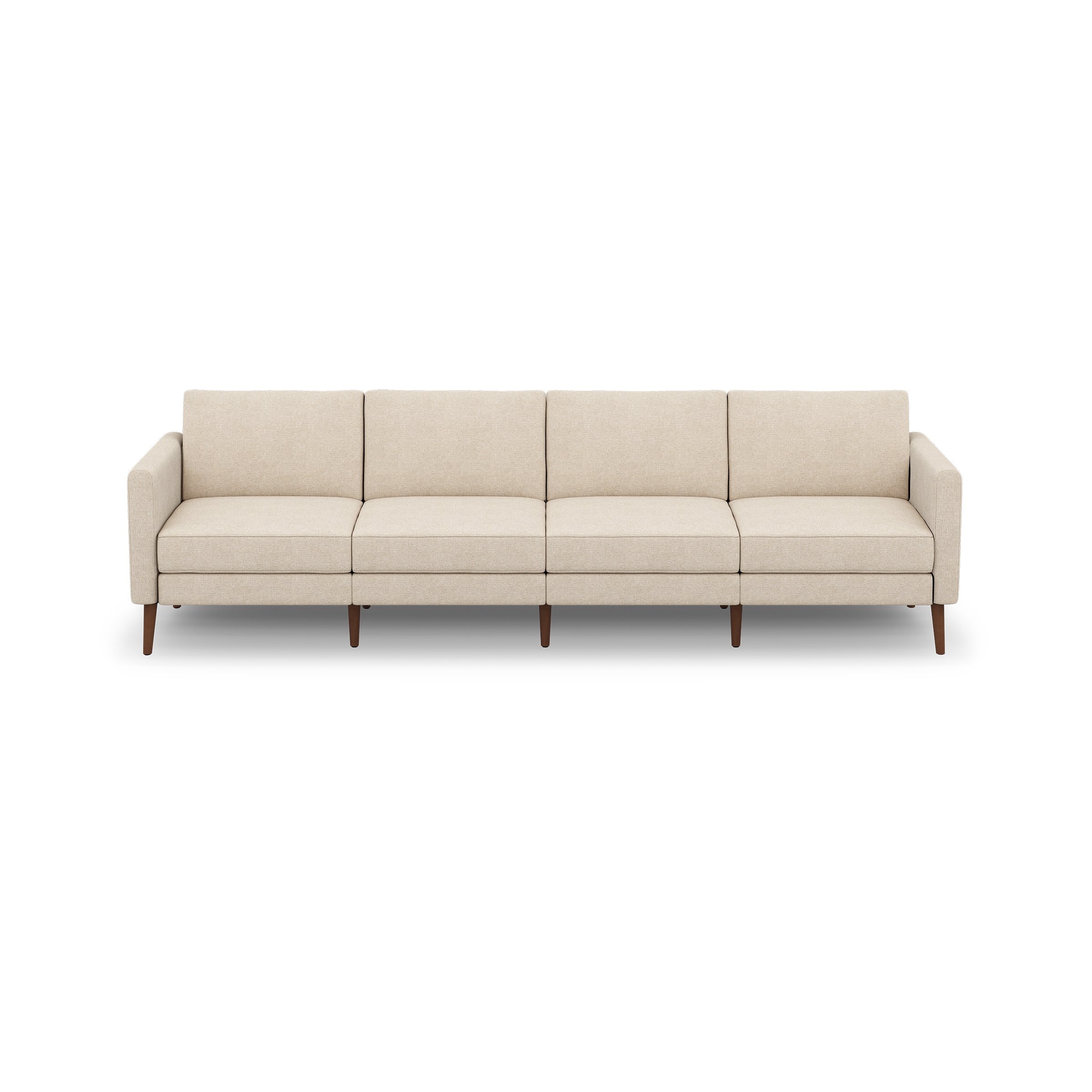 Beige four-seater sofa with clean lines, cushioned seats and backs, slim armrests, and wooden tapered legs.