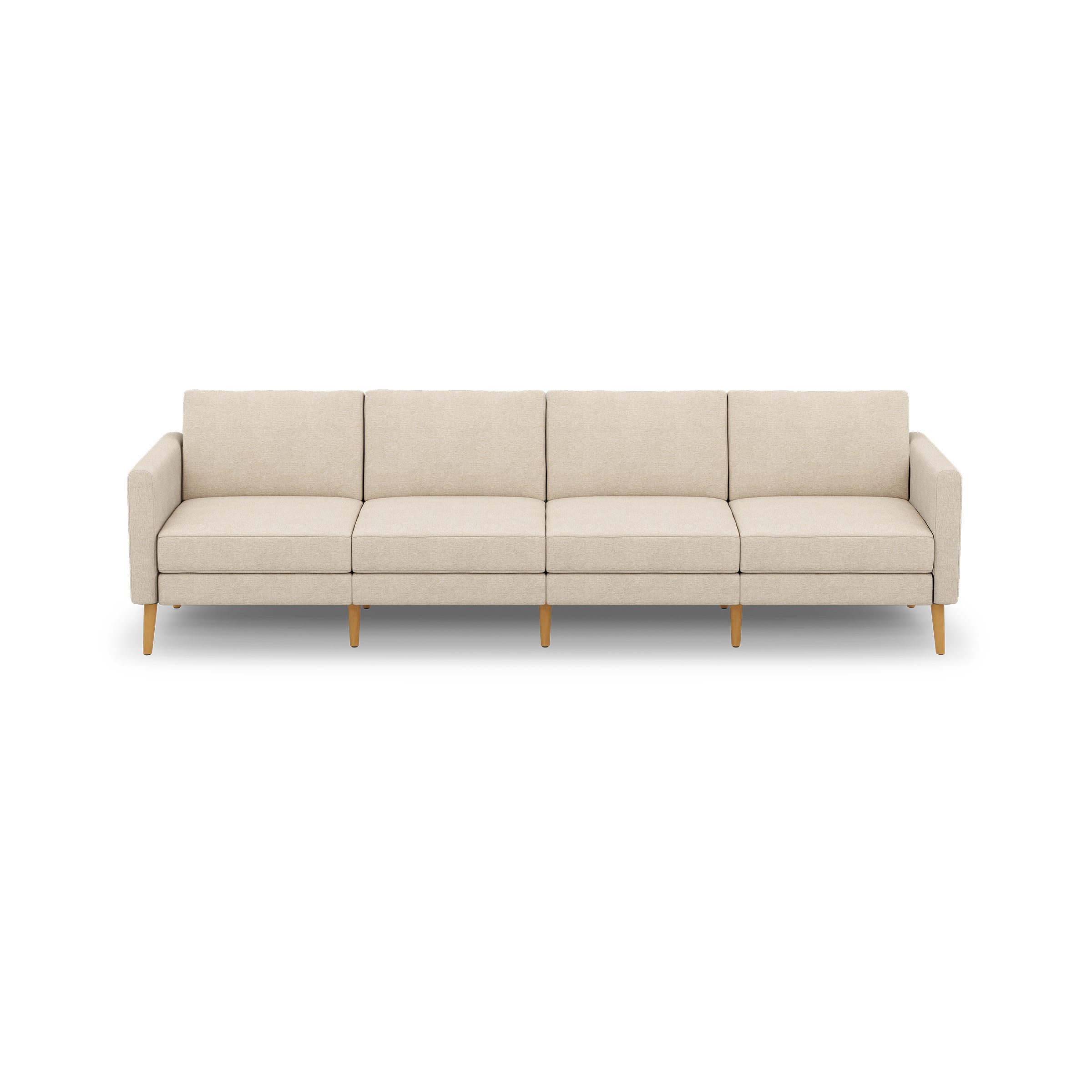 Beige four-seat sofa with clean lines, wooden legs, and cushioned seats and backrests, set against a black background.