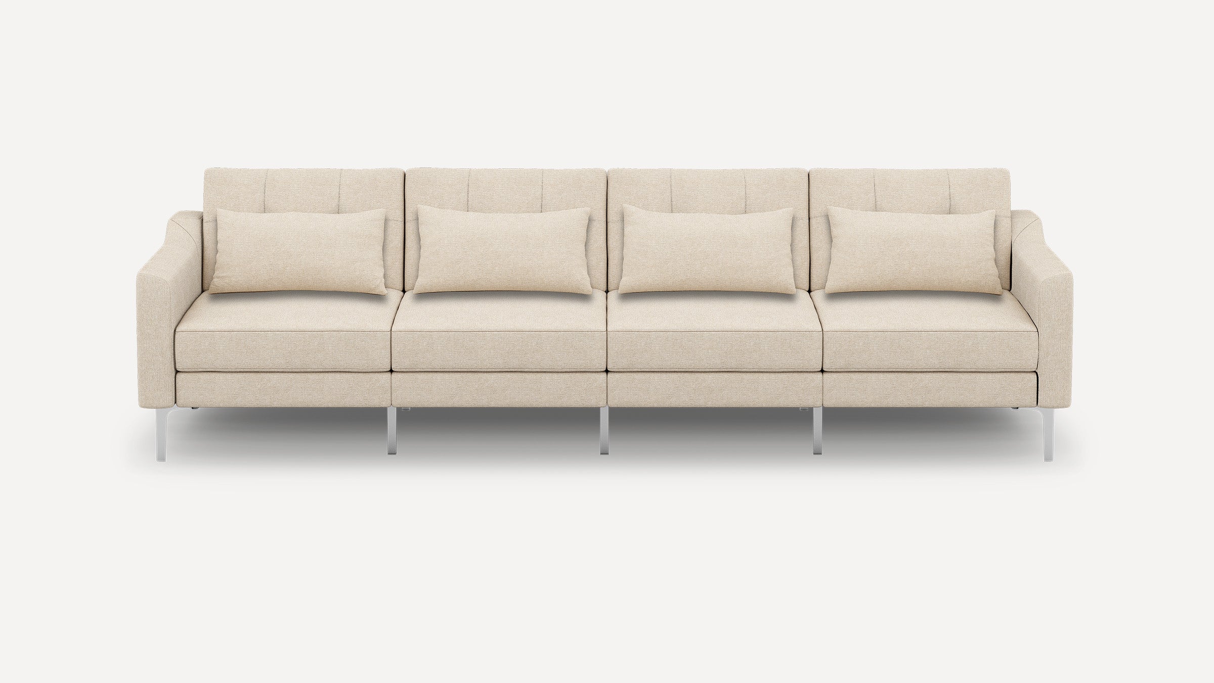 Beige four-seater sofa with clean lines, square arms, metal legs, and matching rectangular cushions for modern living spaces.