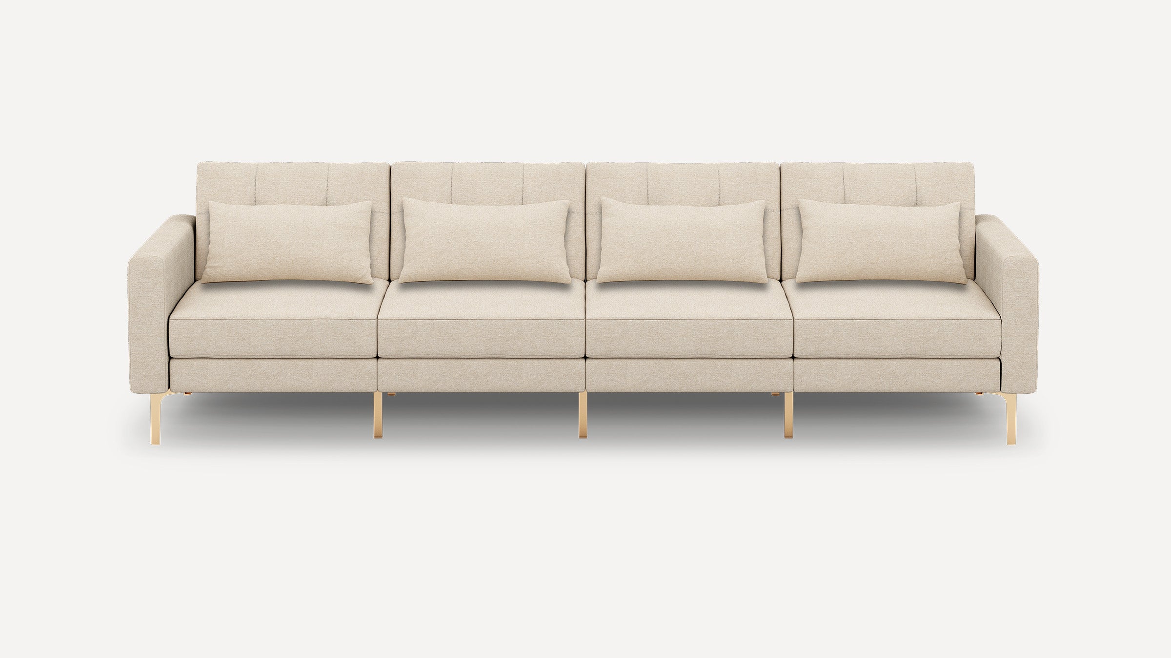Beige four-seater modern sofa with clean lines, rectangular cushions, and thin gold metal legs on a neutral background.