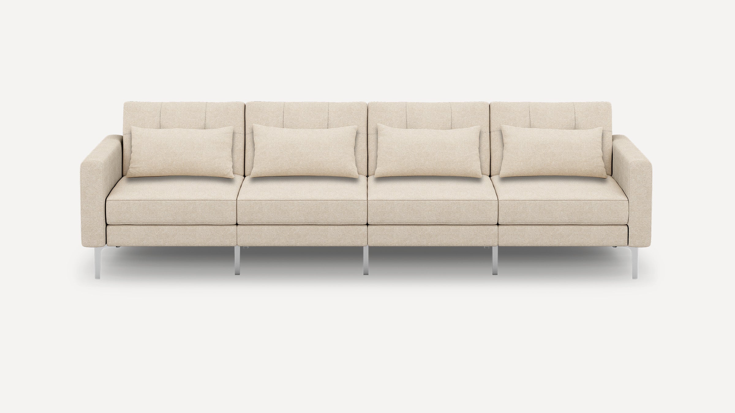 Beige four-seater modern sofa with clean lines, rectangular armrests, five back cushions, and metal legs on a plain white background.