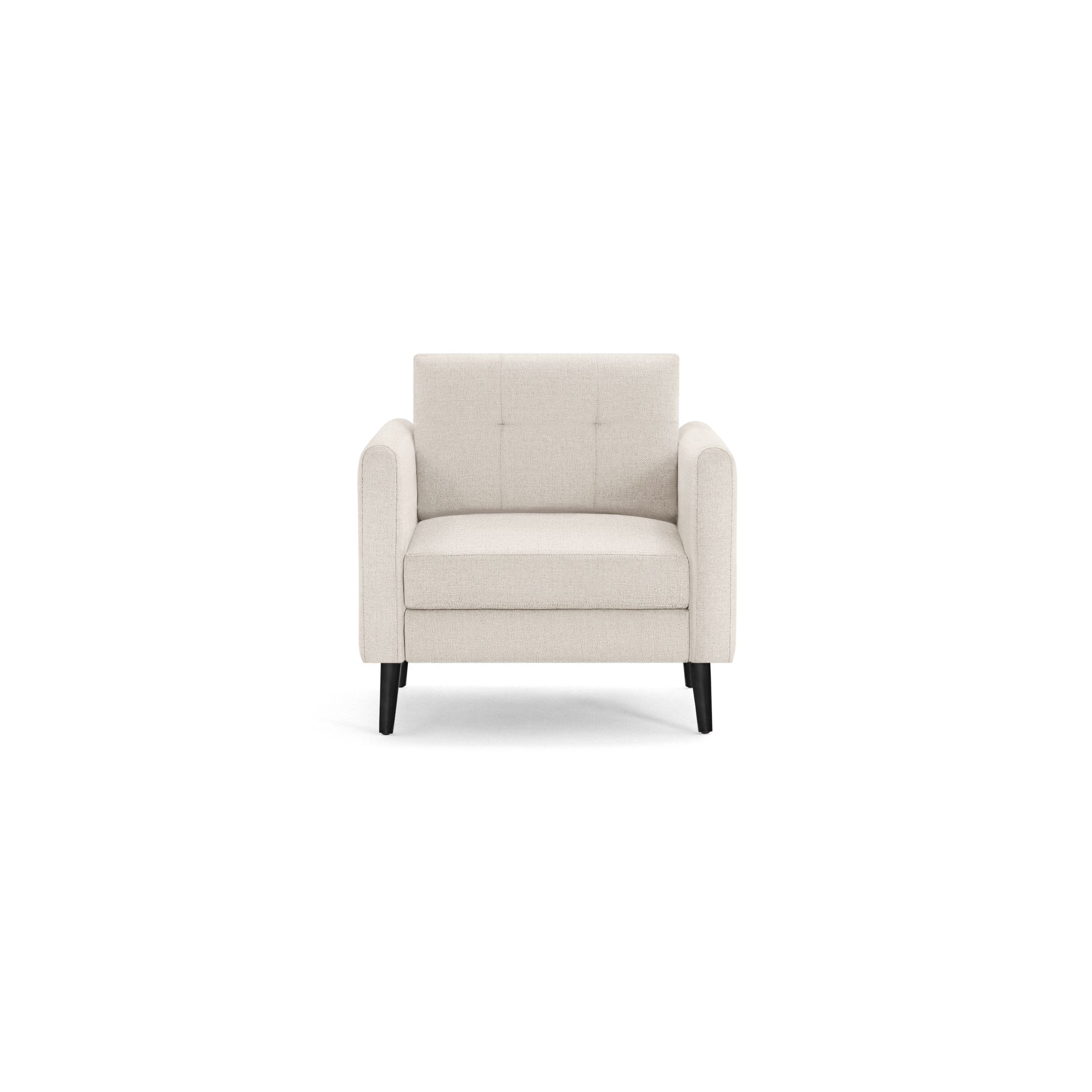 Modern beige upholstered armchair with tufted backrest, cushioned seat, and black wooden legs, set against a black background.